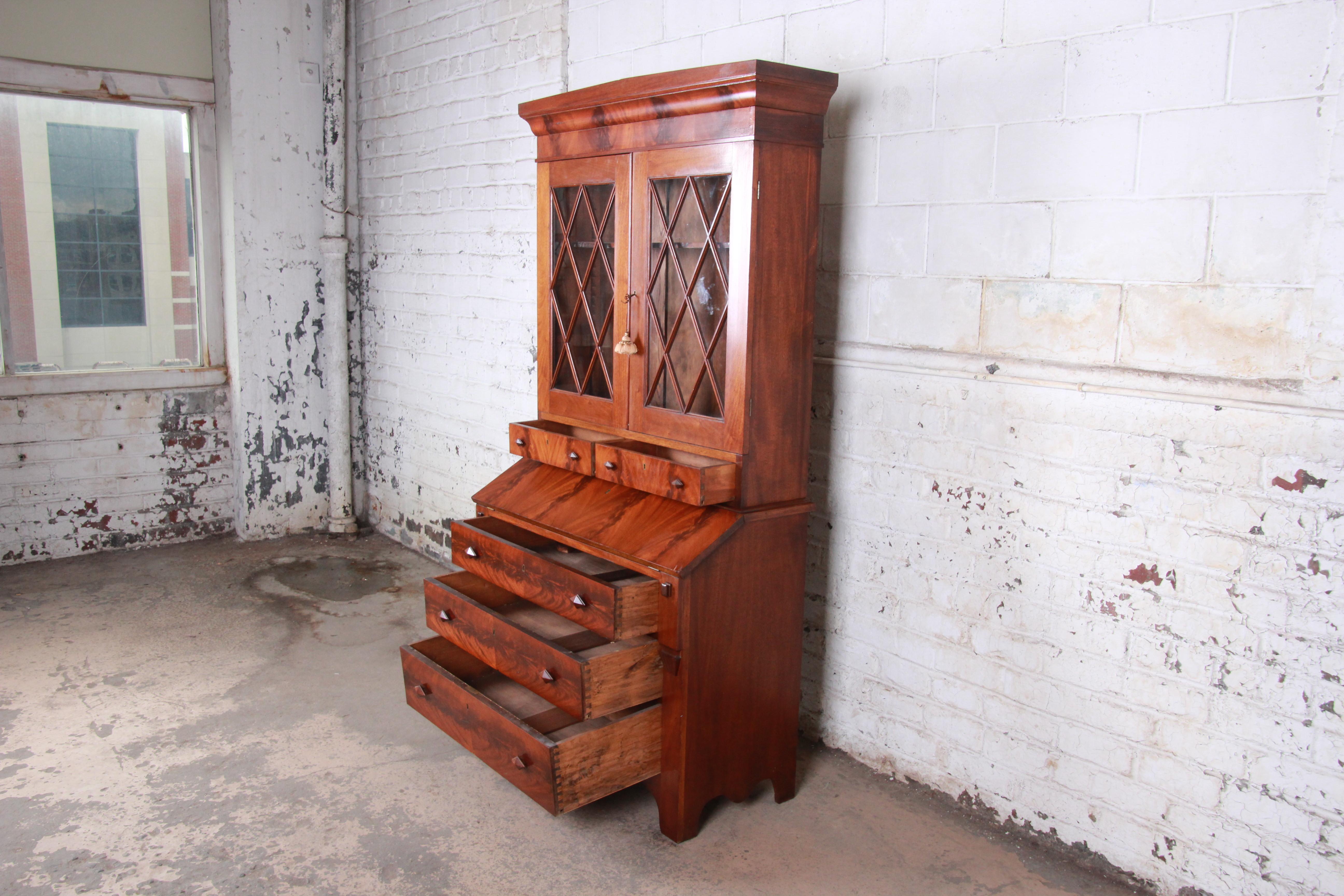 Antique Flame Mahogany Slant Front Secretary Desk with Bookcase, circa 1850s 2