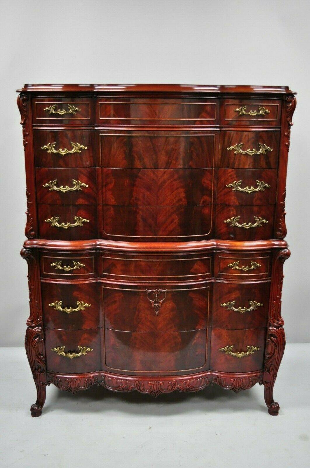 Antique Flame Mahogany Tall Chest Dresser Serpentine Carved 