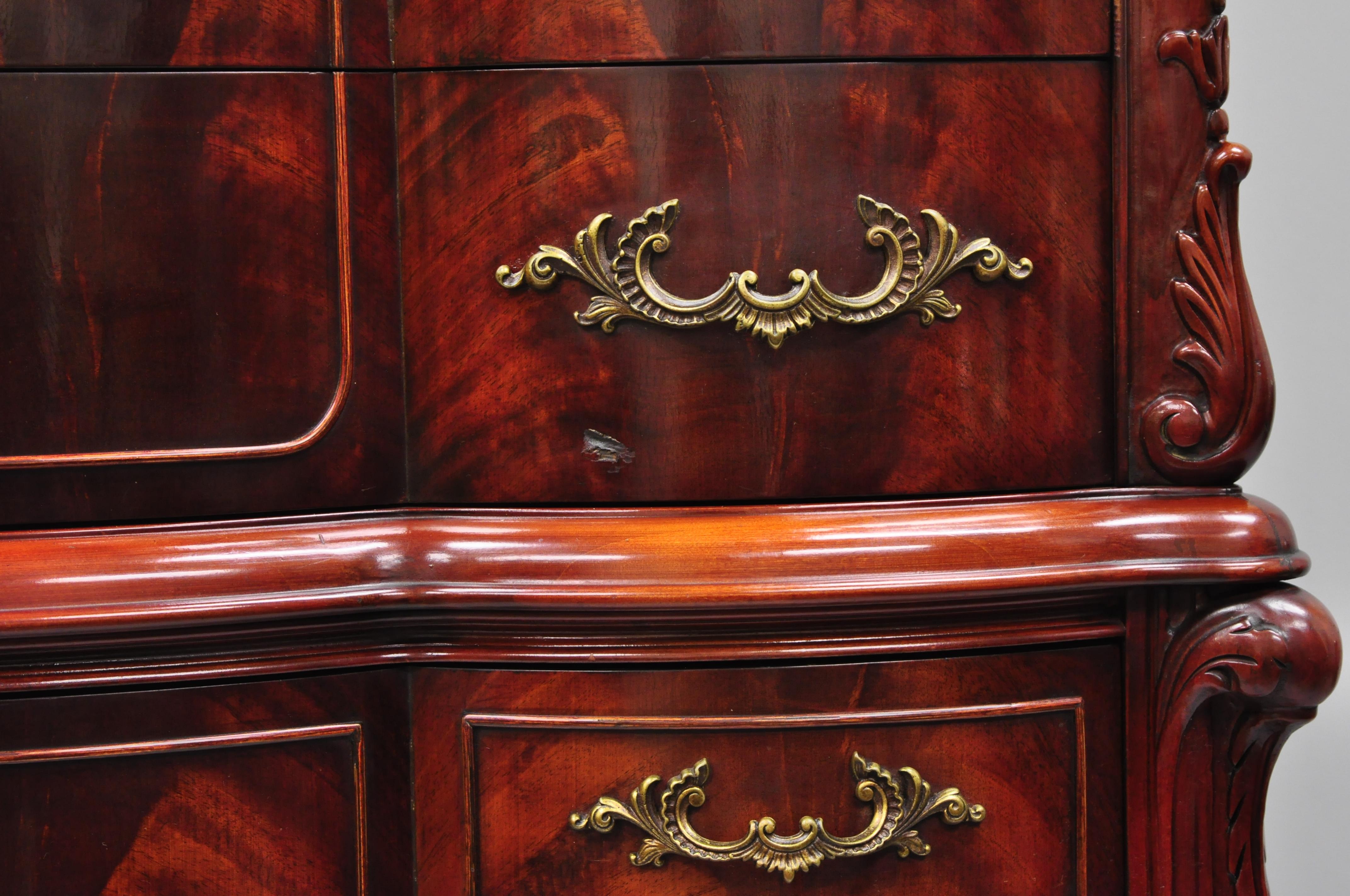 20th Century Antique Flame Mahogany Tall Chest Dresser Serpentine Carved 