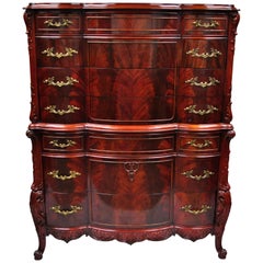 Antique Flame Mahogany Tall Chest Dresser Serpentine Carved "Swan" French Style