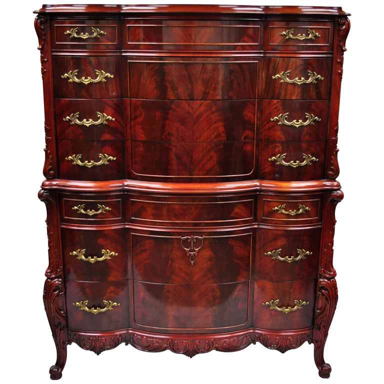 Antique Flame Mahogany Tall Chest Dresser Serpentine Carved Swan