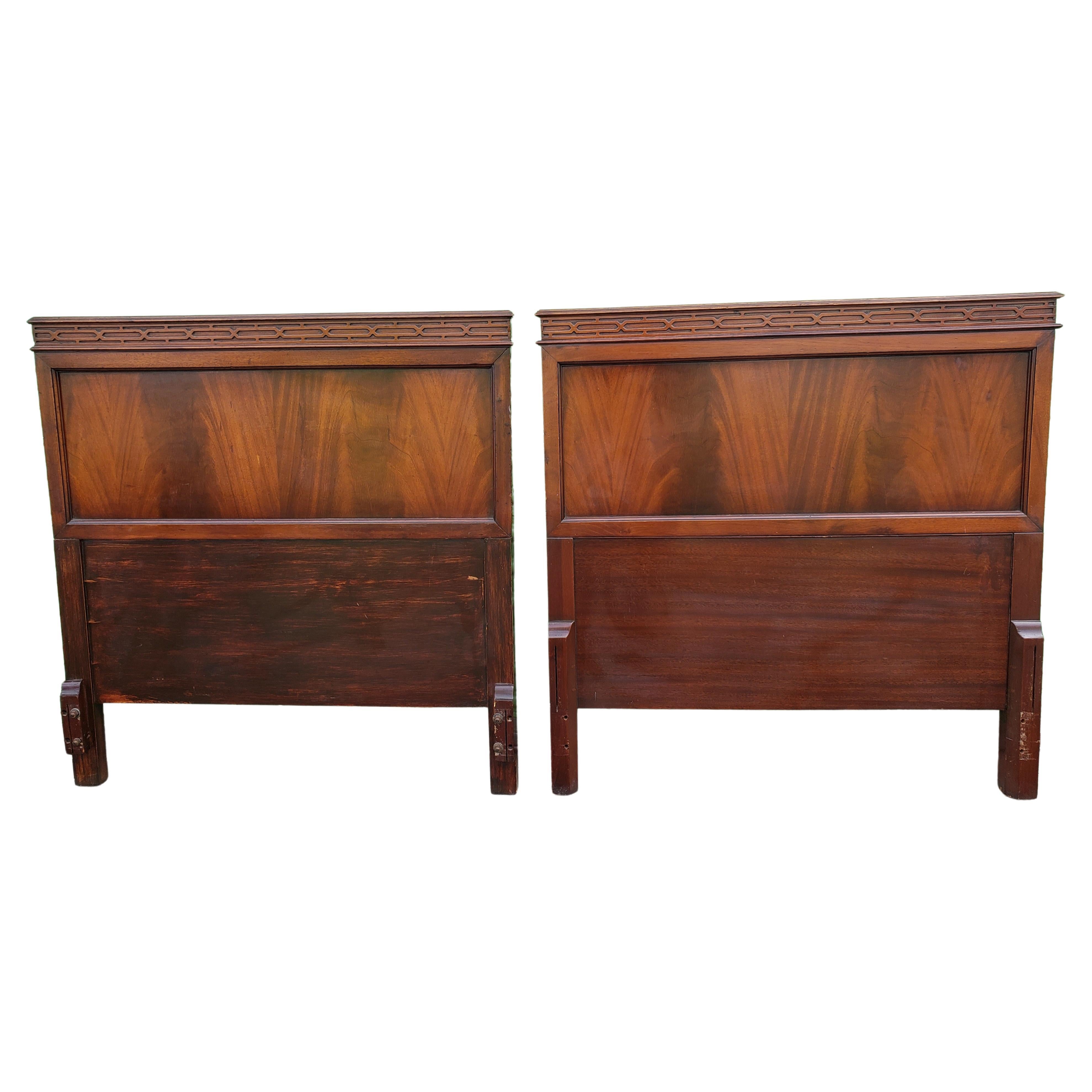 Pair of 1900s American Empire Flame Mahogany Twin Size  Headboards w/ Fretworks For Sale
