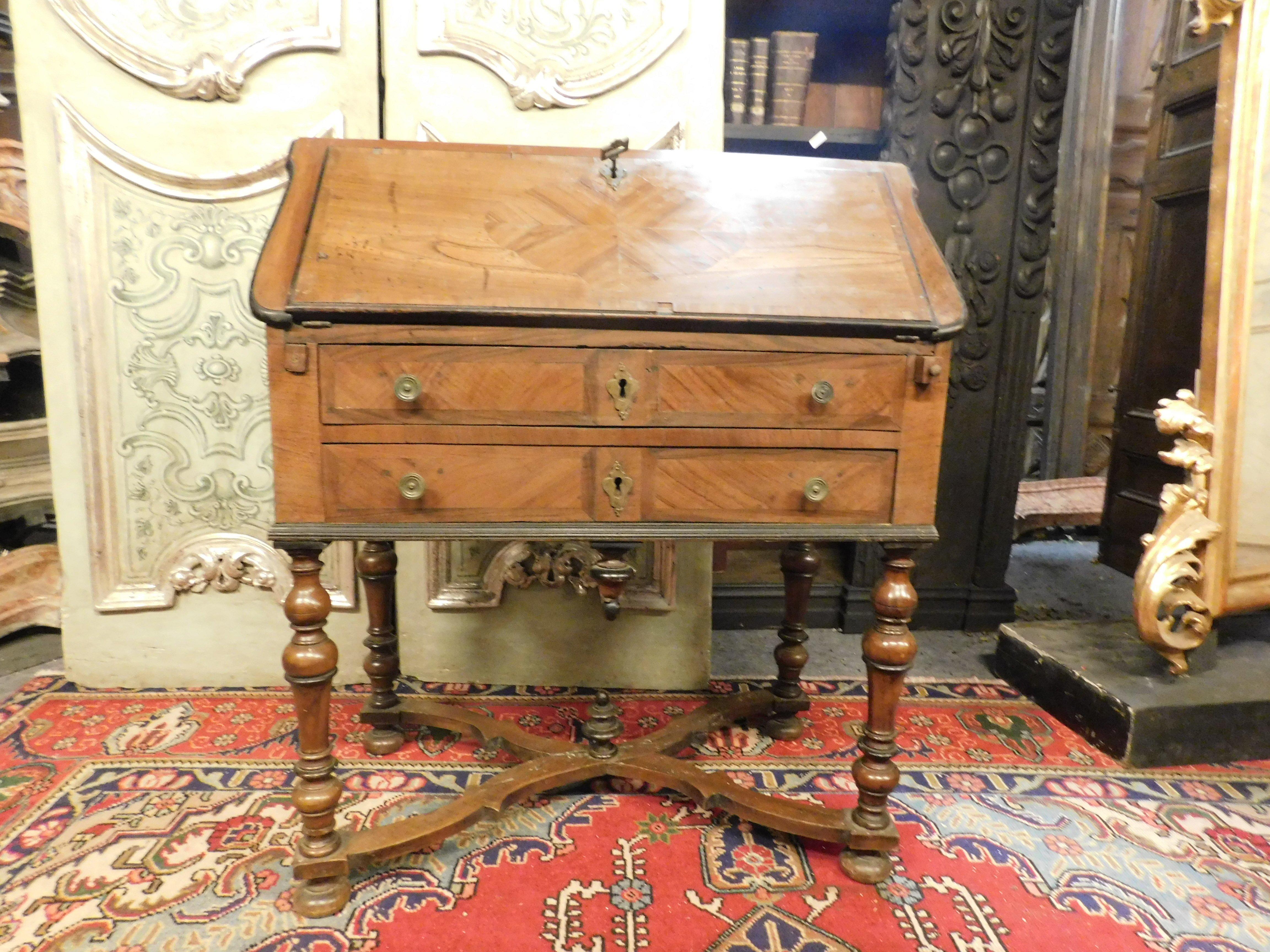 Antique Flap Writing Desk in Walnut, Carved Cross Legs, Early 18th Century Italy For Sale 9