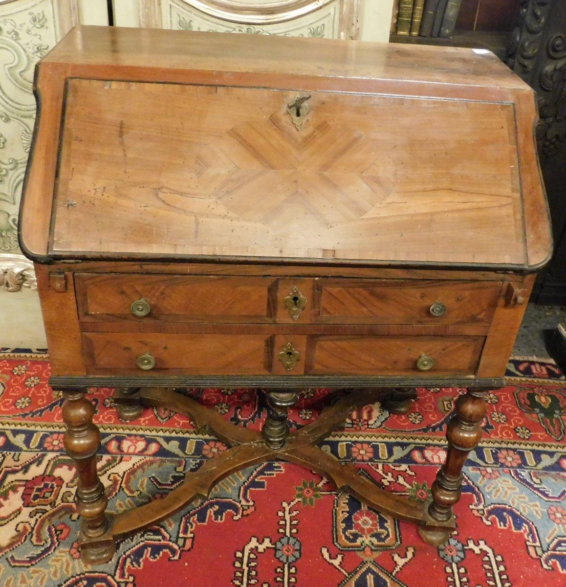 Italian Antique Flap Writing Desk in Walnut, Carved Cross Legs, Early 18th Century Italy For Sale