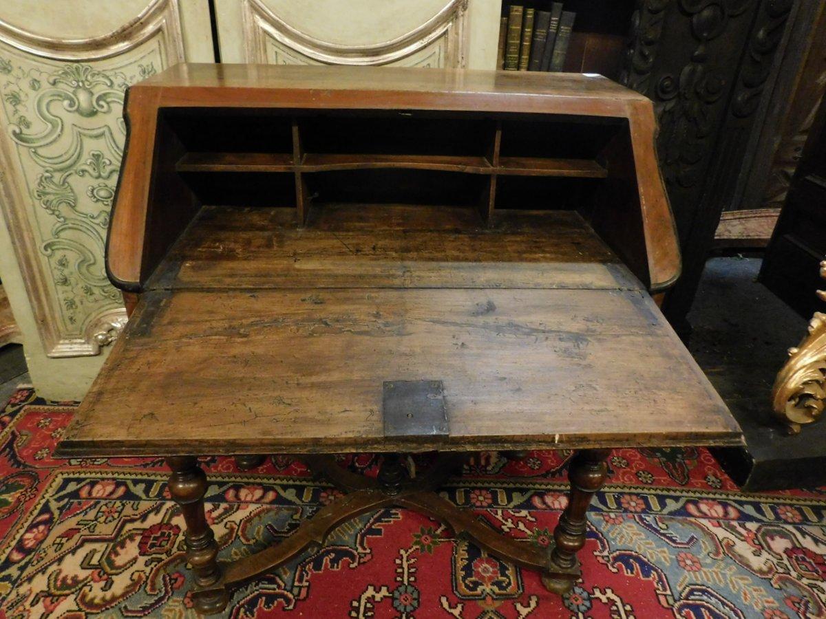 Hand-Carved Antique Flap Writing Desk in Walnut, Carved Cross Legs, Early 18th Century Italy For Sale