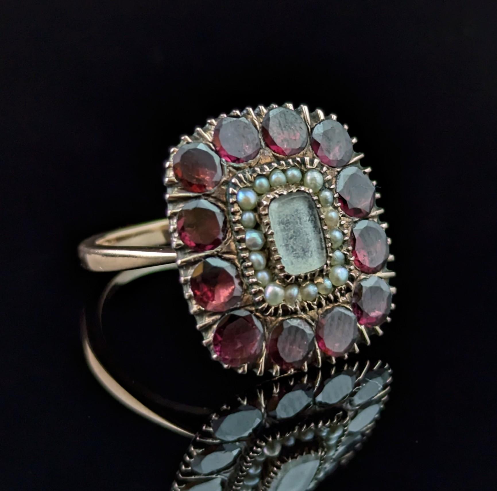 Georgian Antique Flat cut Garnet mourning ring, 9k Rose gold, Pearl