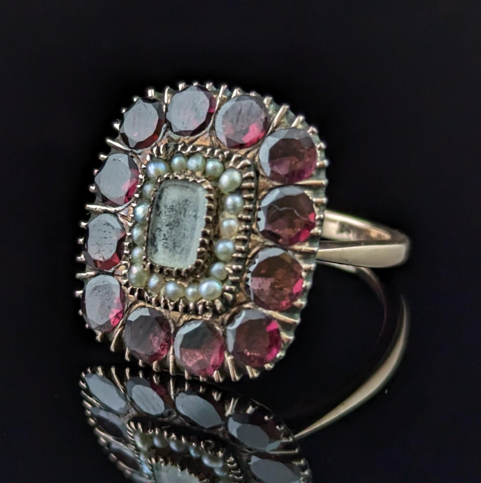 Round Cut Antique Flat cut Garnet mourning ring, 9k Rose gold, Pearl