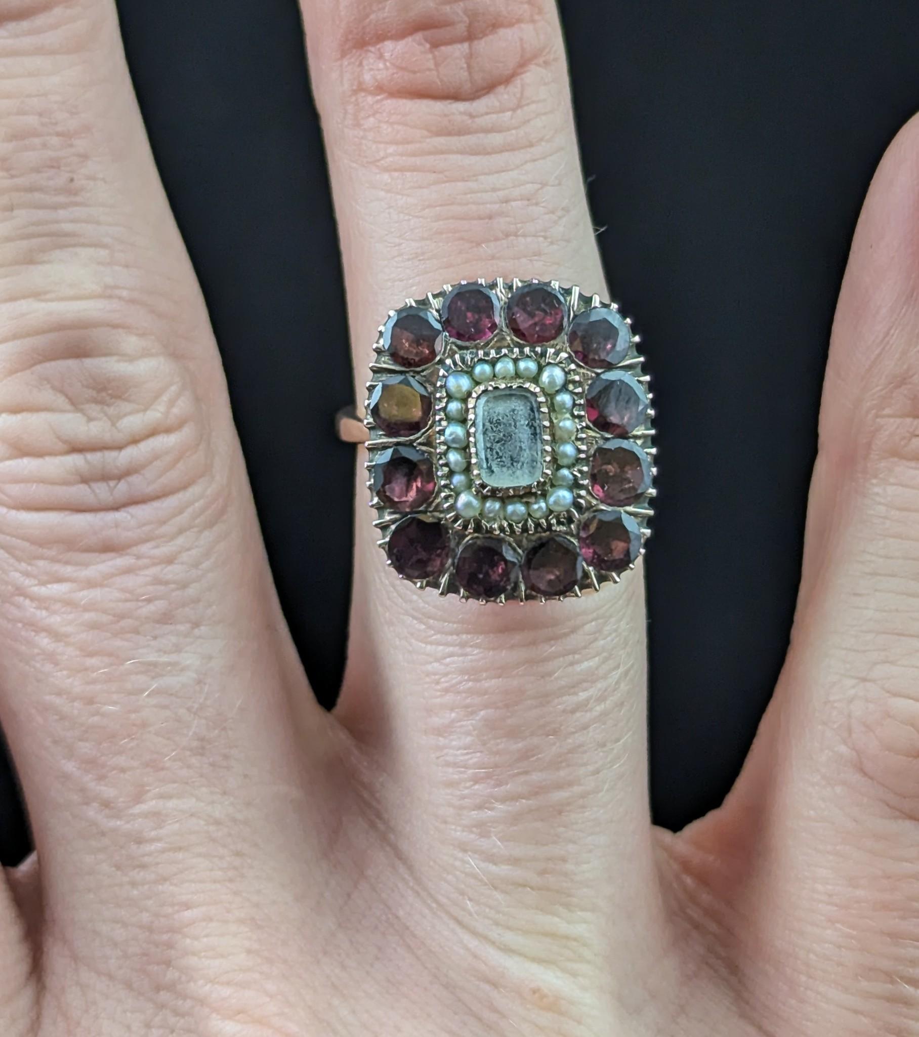Antique Flat cut Garnet mourning ring, 9k Rose gold, Pearl 1