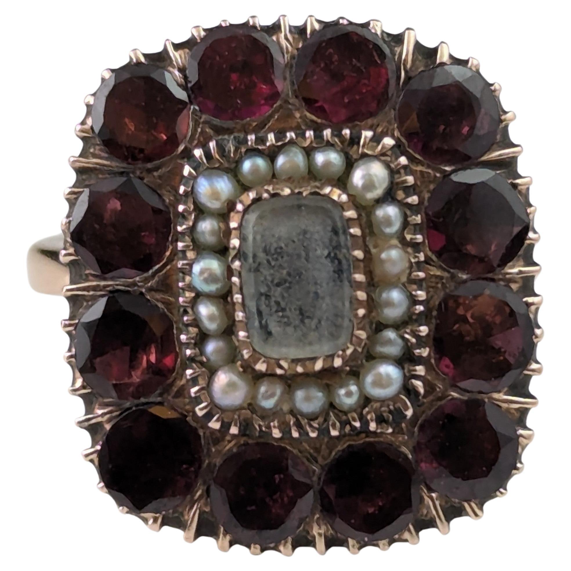 Antique Flat cut Garnet mourning ring, 9k Rose gold, Pearl