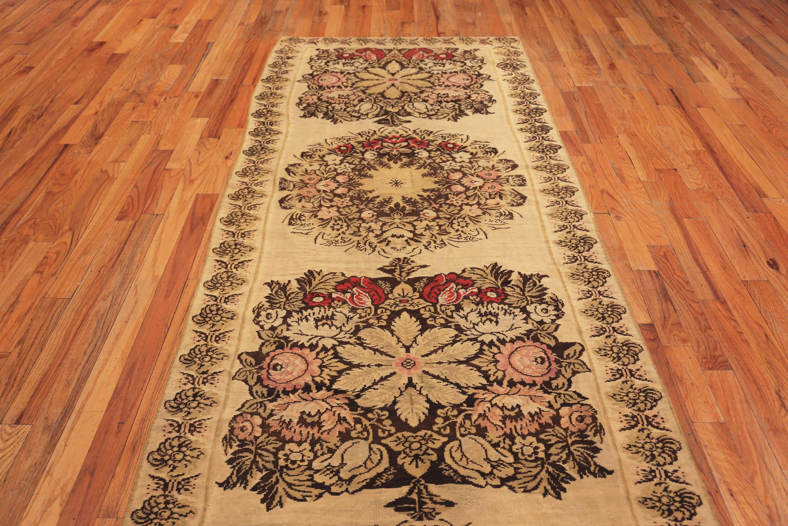 Antique Flat Woven Bessarabian Kilim Runner Rug, Country of Origin: Romania, Circa date: 1900. Size: 4 ft 3 in x 13 ft (1.3 m x 3.96 m)
 