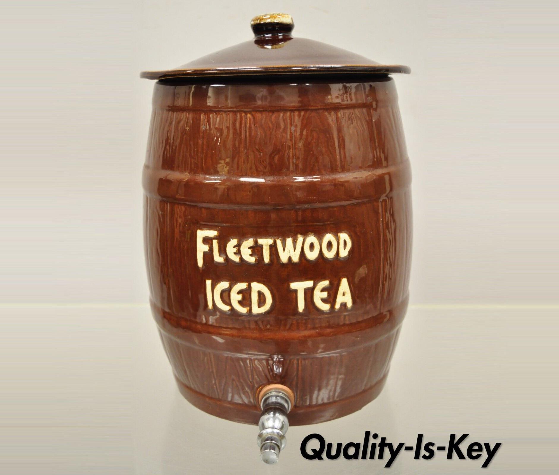 Antique Fleetwood Iced Tea USA Stoneware Barrel jug dispenser. Circa Early 20th Century. Measurements: 13