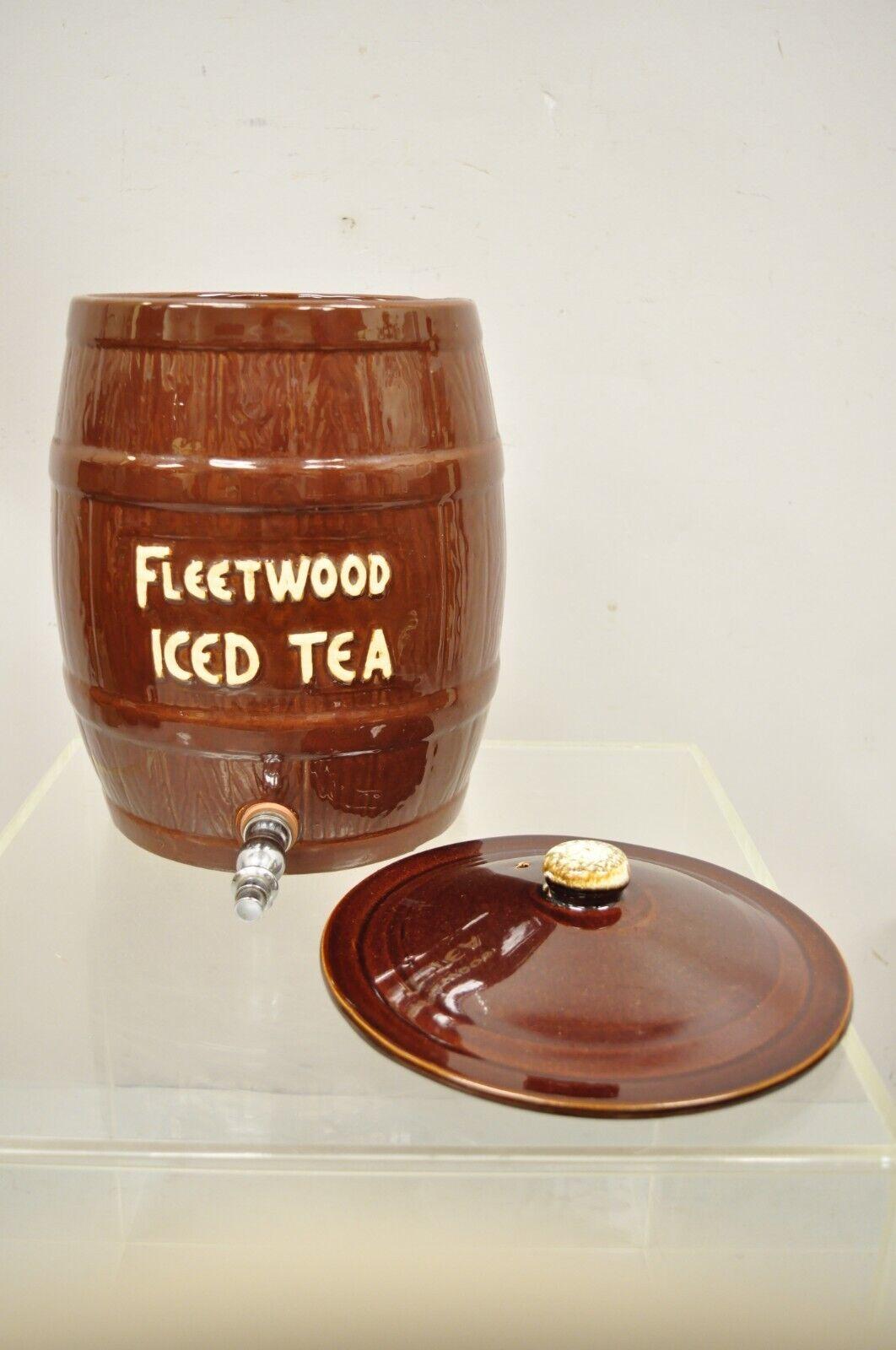 Antique Fleetwood Iced Tea USA Stoneware Barrel Jug Dispenser 4