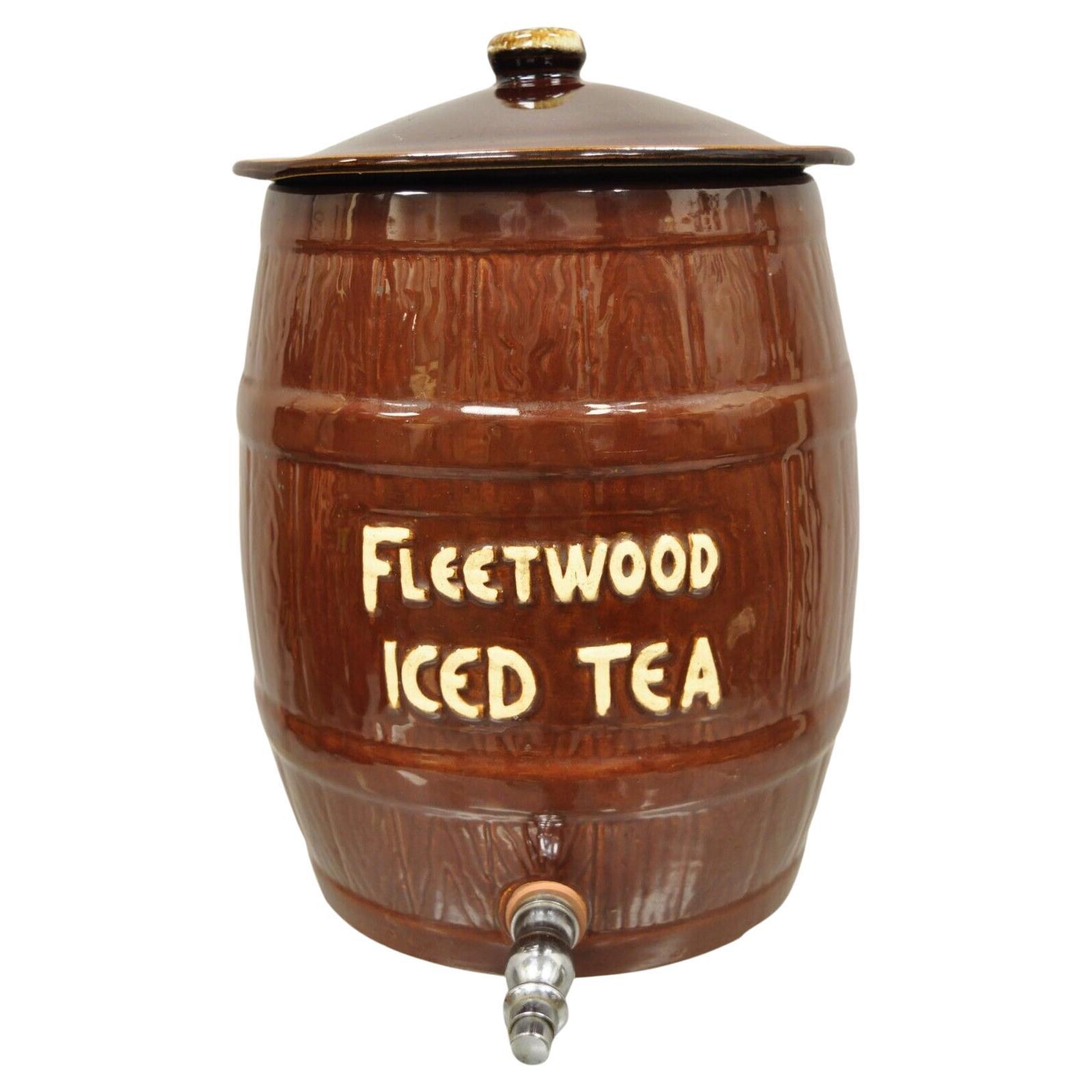 Antique Fleetwood Iced Tea USA Stoneware Barrel Jug Dispenser