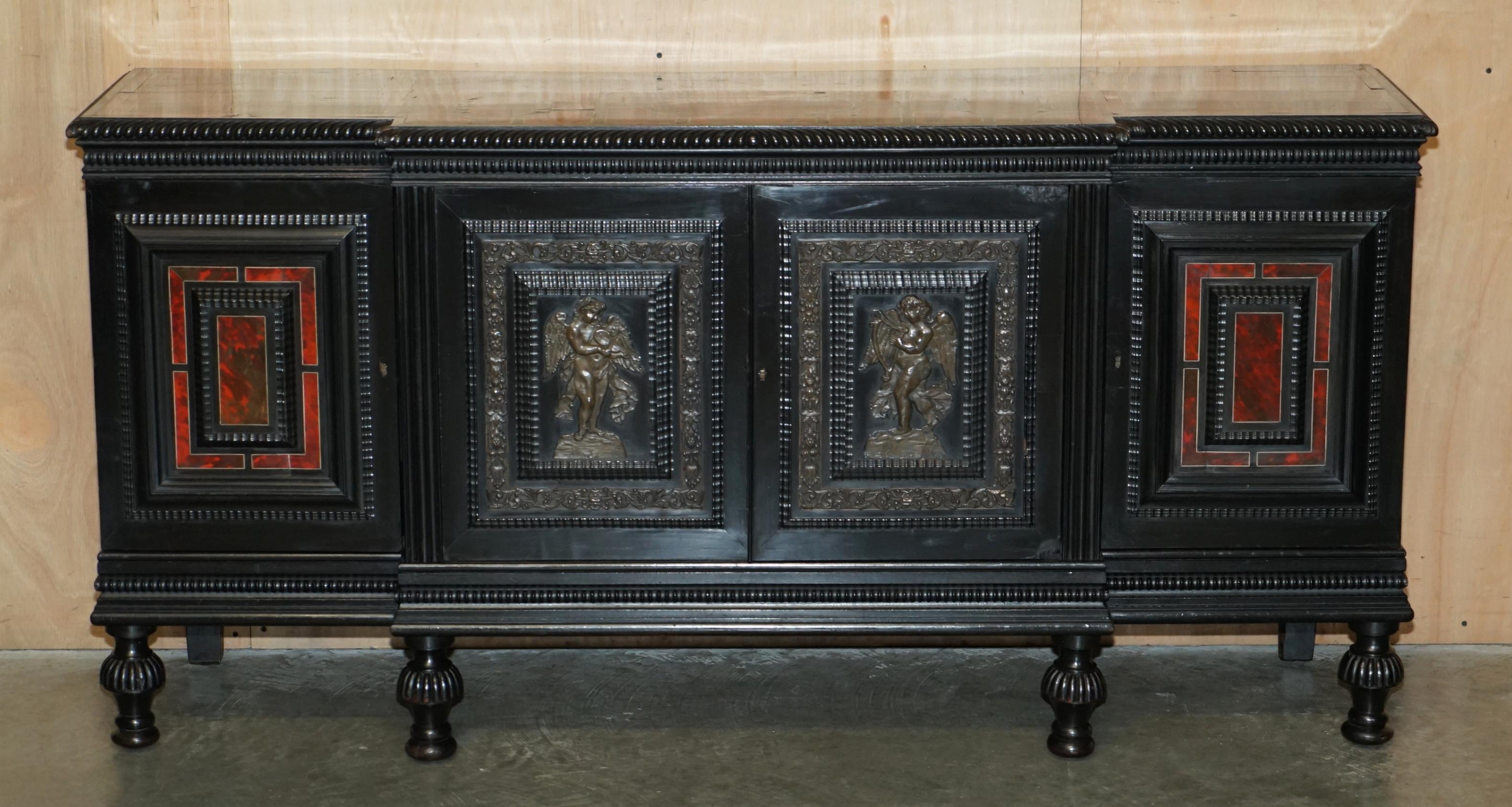 Ebonized ANTIQUE FLEMISH 18TH CENTURY EBONiSED BRONZE CHERUB & TORTOISESHELL SIDEBOARD