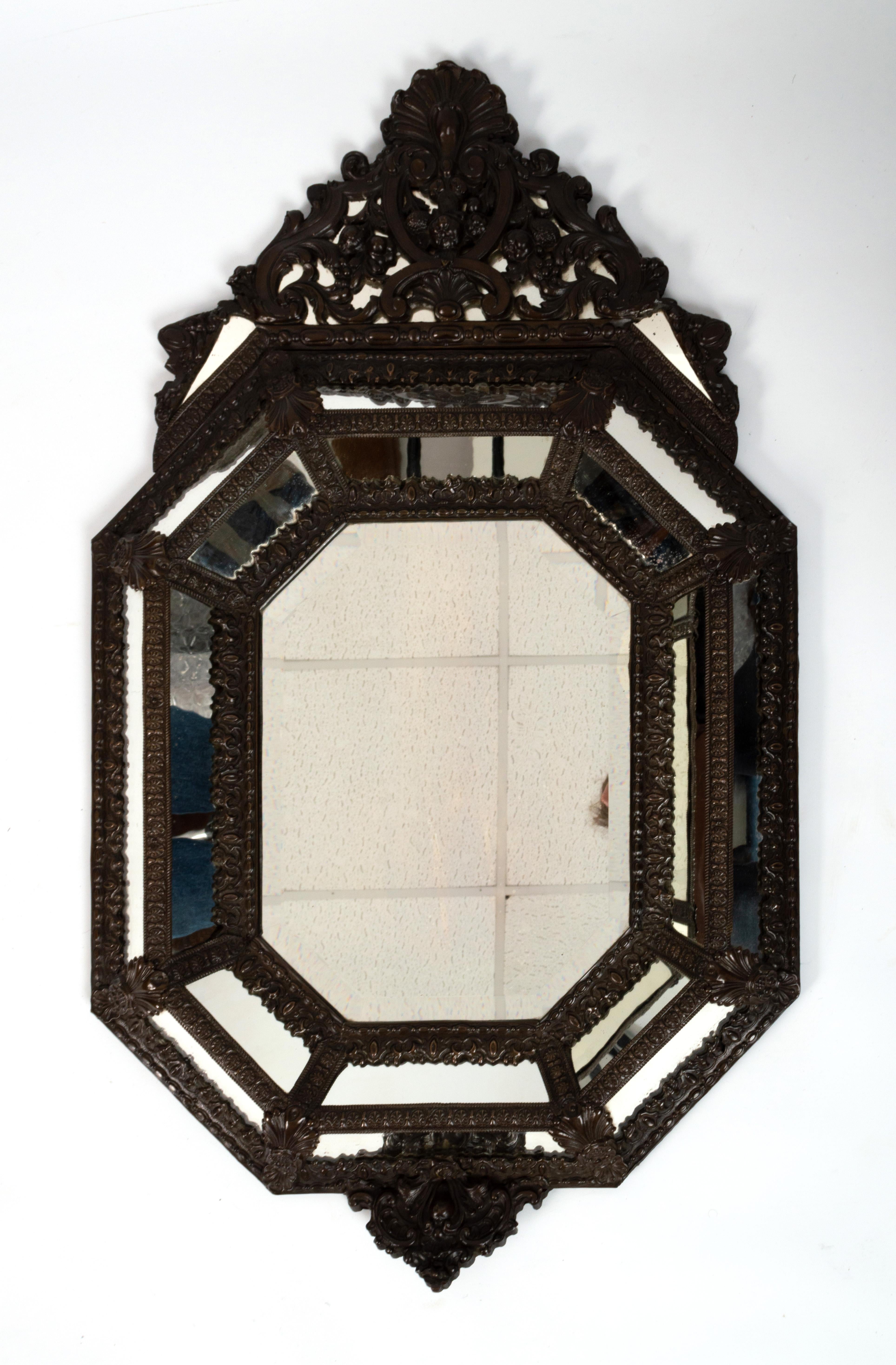 Brass Antique Flemish 19th Century Marginal  Repousse Mirror, circa 1880 For Sale