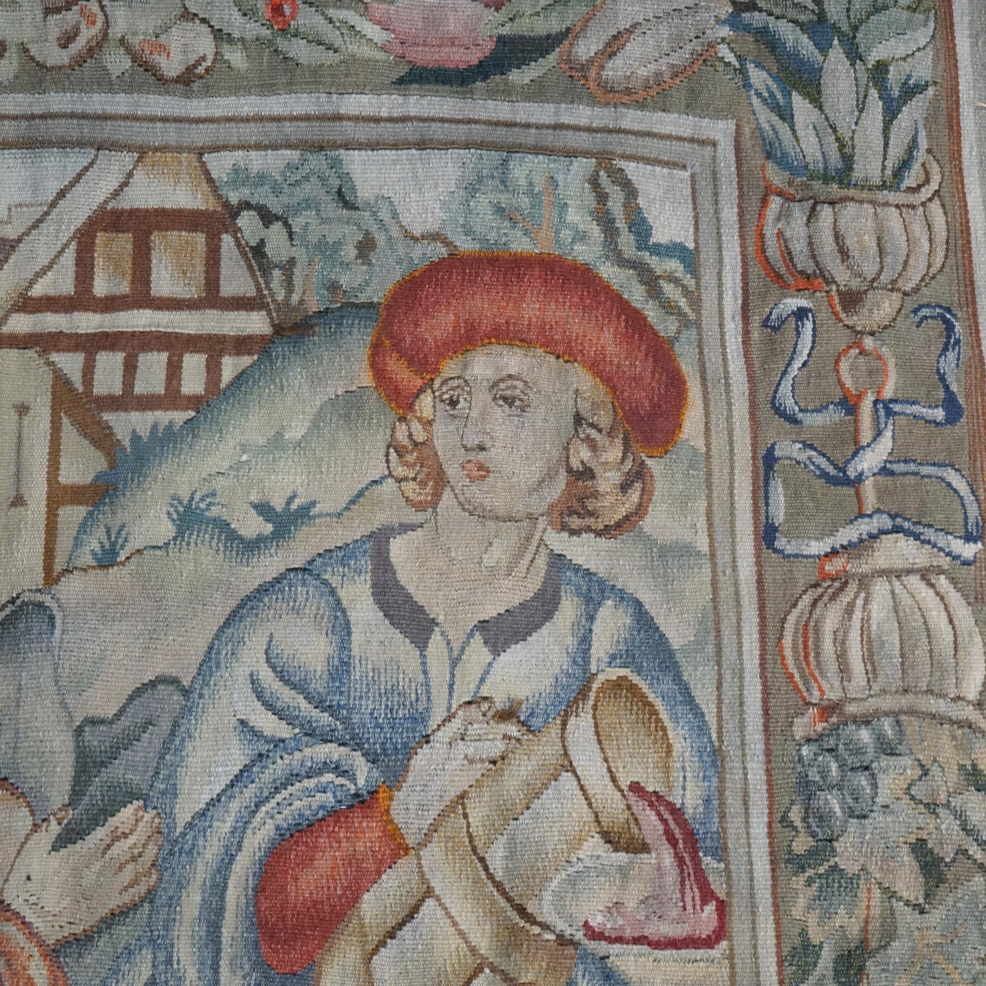 19th Century Antique Flemish Belgian Wall Tapestry with Genre Scene 19thC For Sale