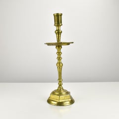 Antique Flemish Brass Candlestick with Drip Tray, 18th Century
