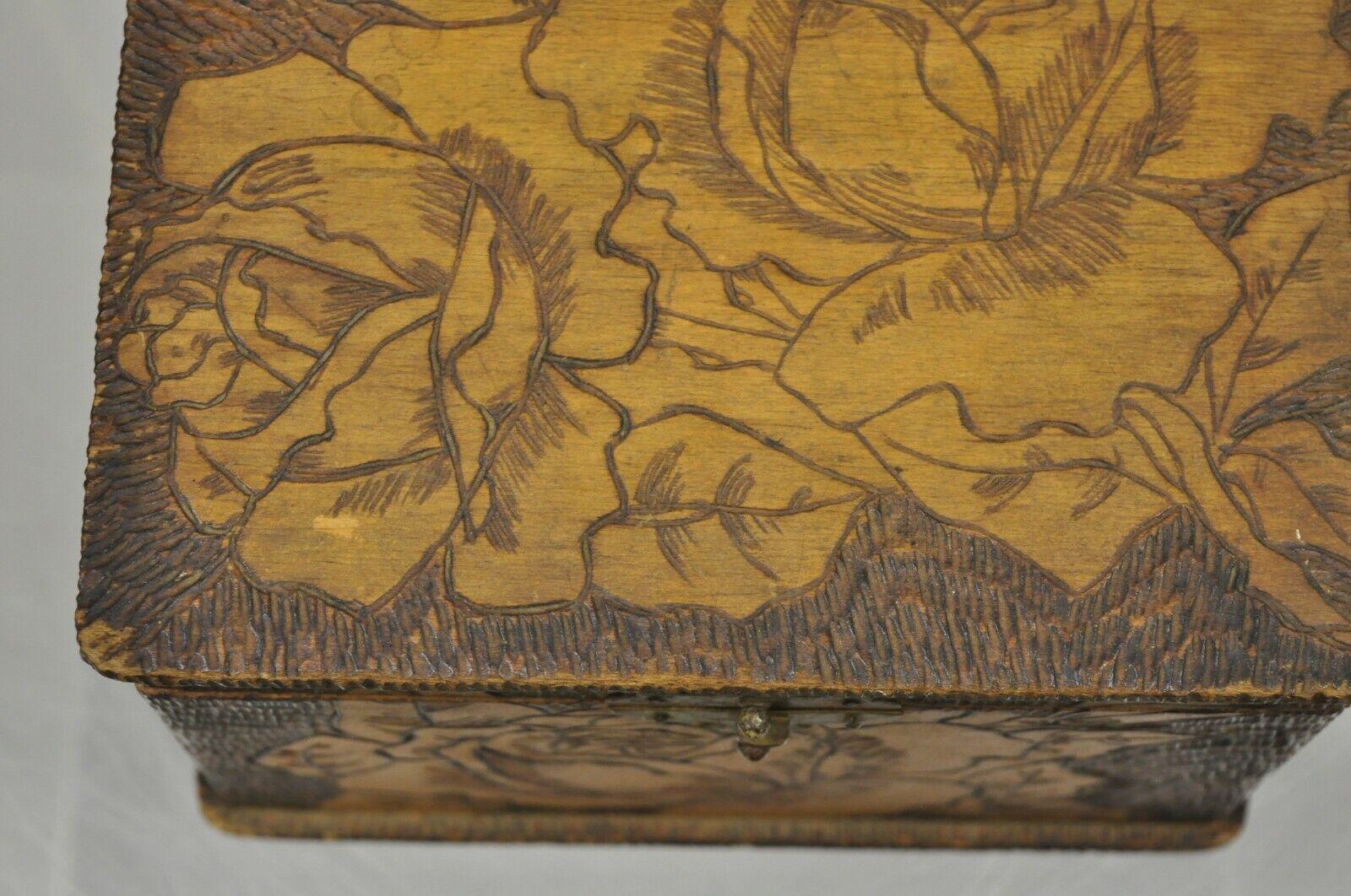 Antique Flemish Burn Carved Wood Pyrography Square Trinket Box 6