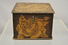 Antique Flemish Burn Carved Wood Pyrography Square Trinket Box