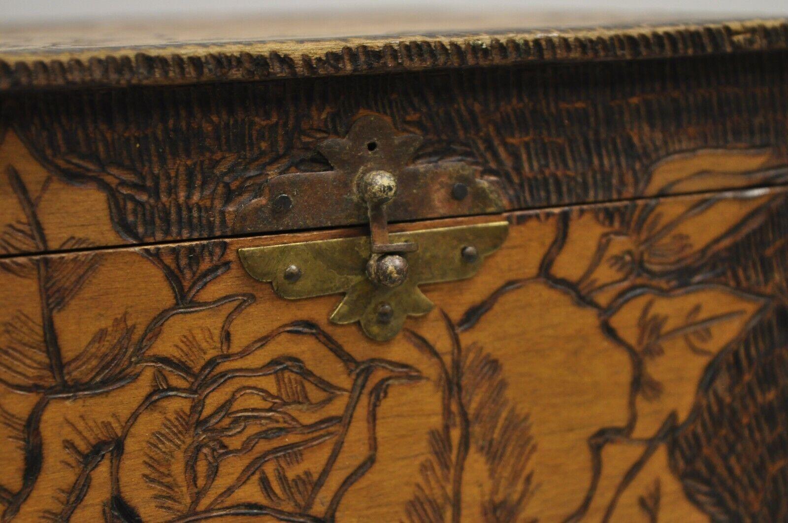 Arts and Crafts Antique Flemish Burn Carved Wood Pyrography Square Trinket Box