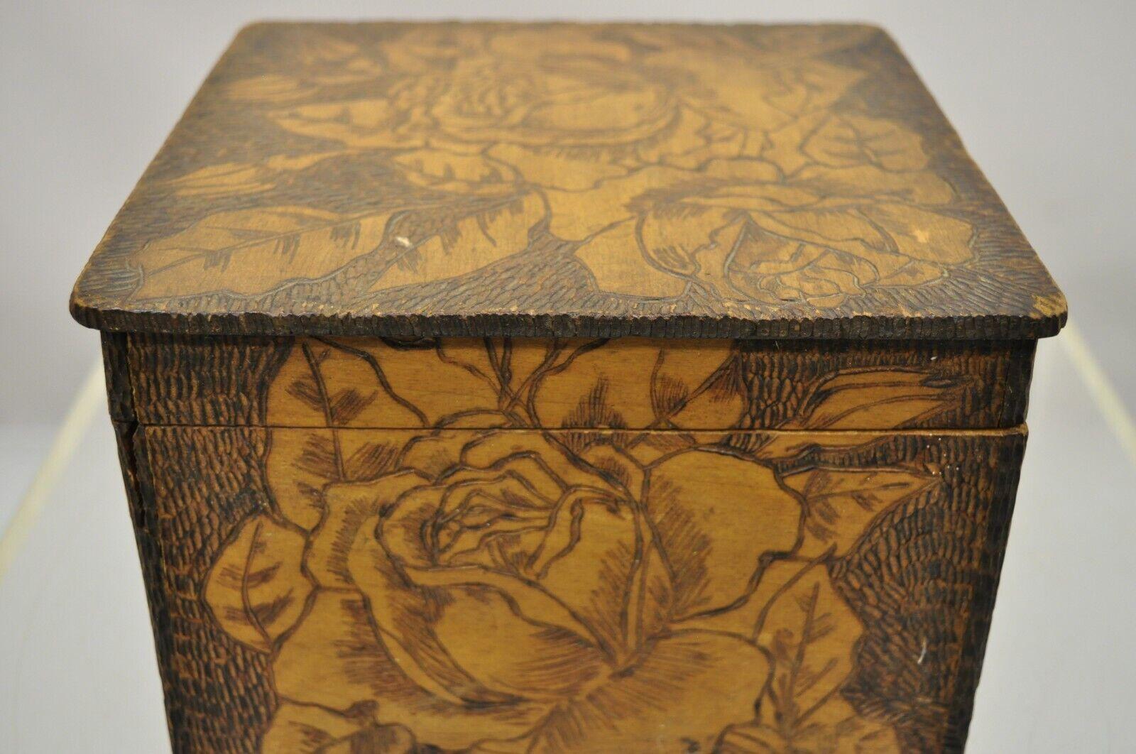 20th Century Antique Flemish Burn Carved Wood Pyrography Square Trinket Box