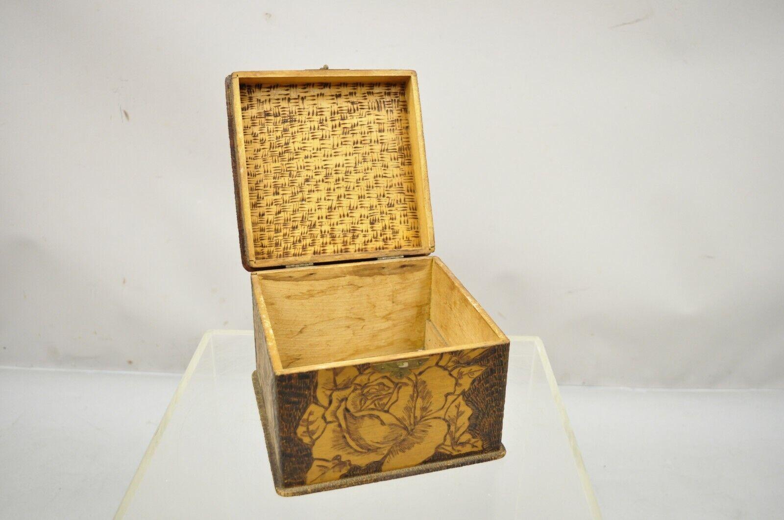 Antique Flemish Burn Carved Wood Pyrography Square Trinket Box 1