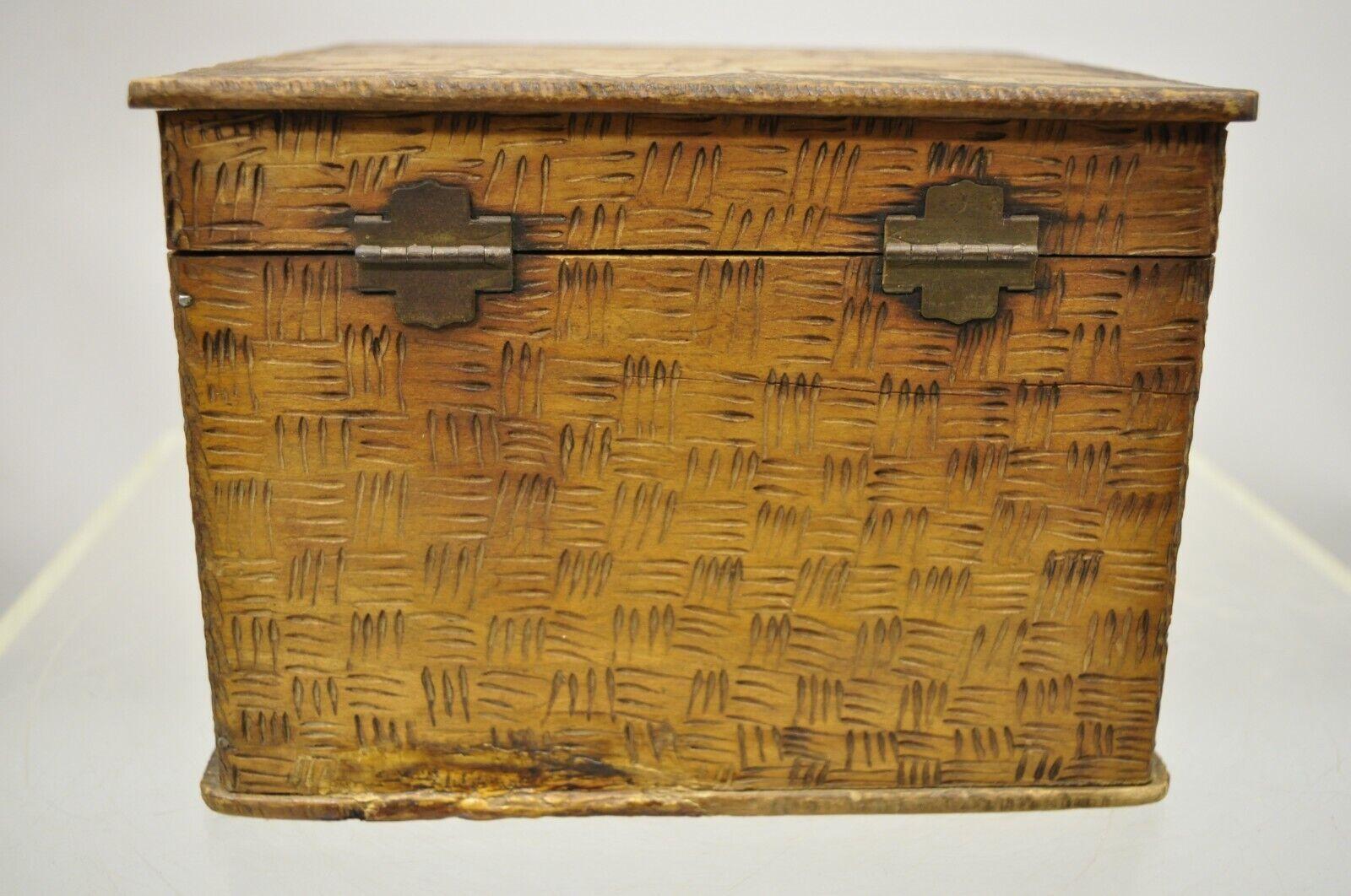 Antique Flemish Burn Carved Wood Pyrography Square Trinket Box 2