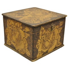 Antique Flemish Burn Carved Wood Pyrography Square Trinket Box