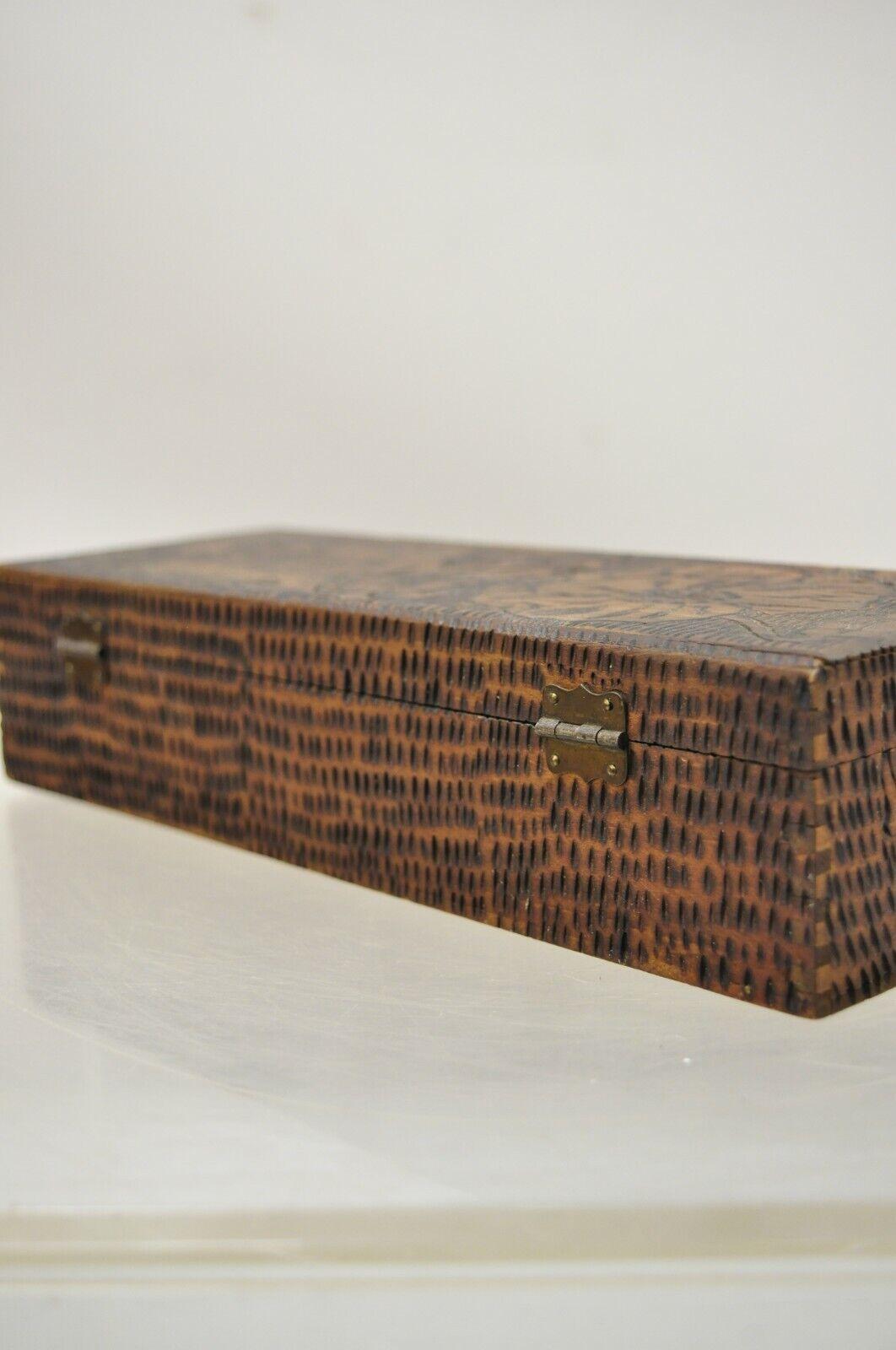 Antique Flemish Burn Carved Wood Pyrography Small Trinket Box 4