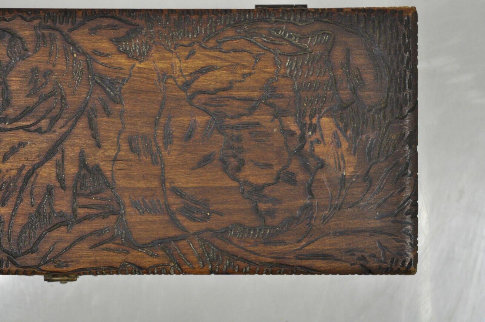 20th Century Antique Flemish Burn Carved Wood Pyrography Small Trinket Box