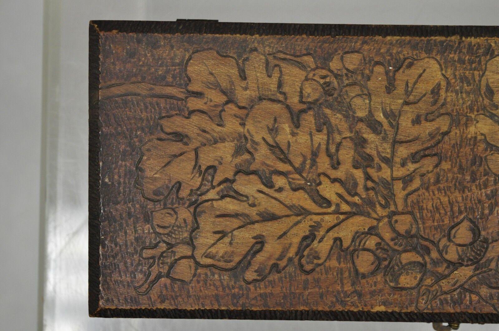 American Antique Flemish Burn Carved Wood Pyrography Small Square Trinket Box