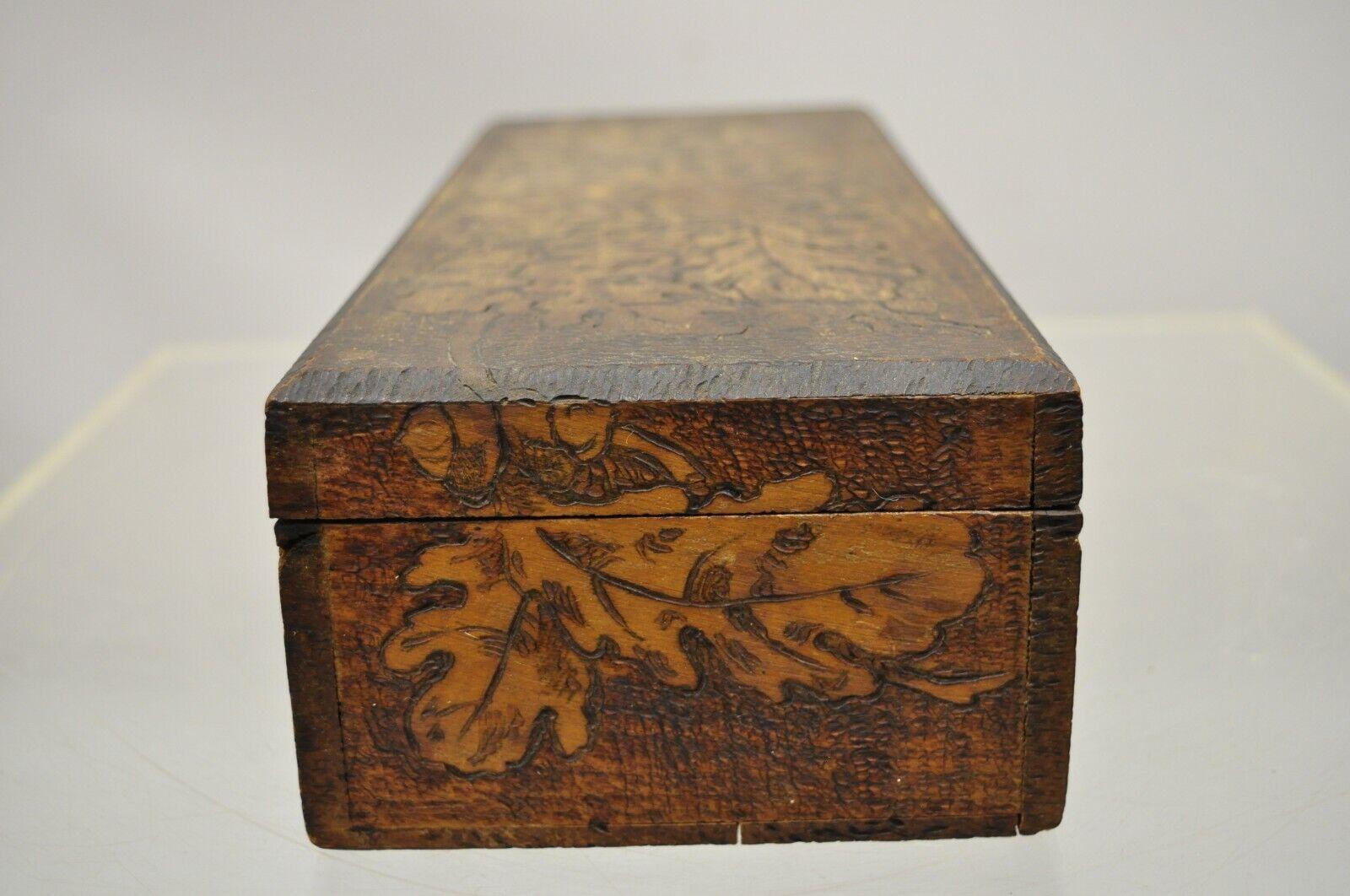 Antique Flemish Burn Carved Wood Pyrography Small Square Trinket Box In Good Condition In Philadelphia, PA