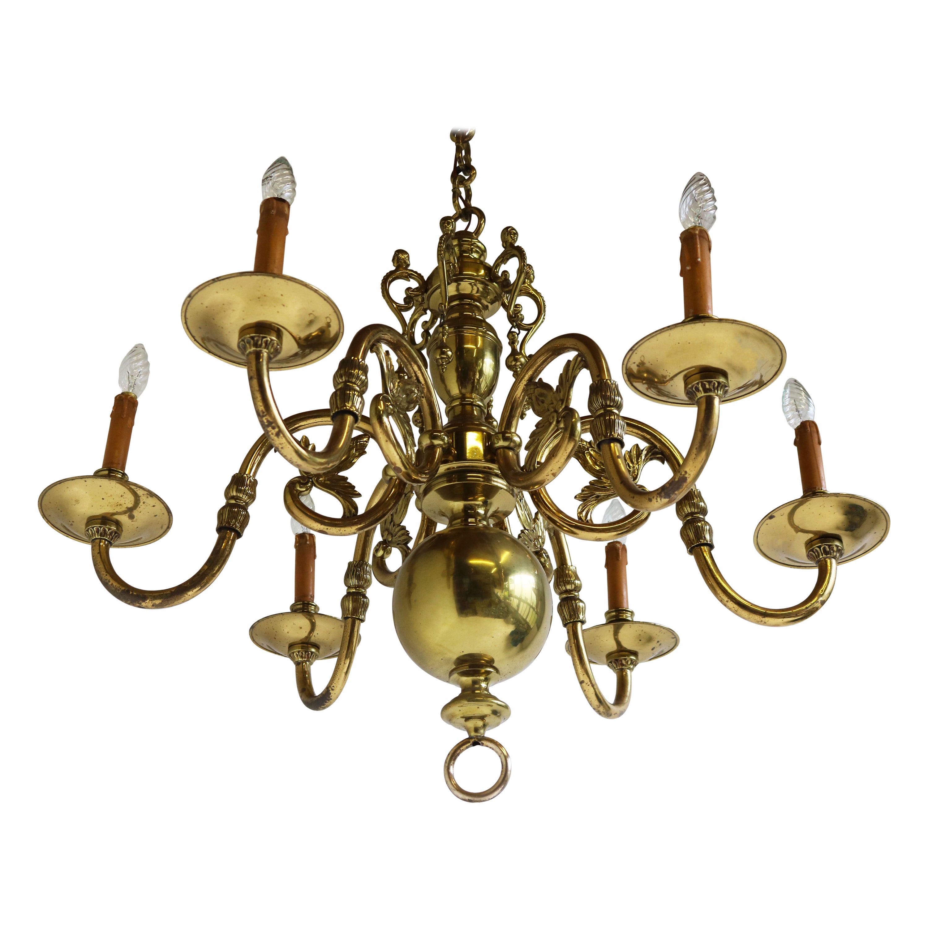 Lustre flamand ancien de style géorgien en laiton massif du 19ème siècle, lampe classique