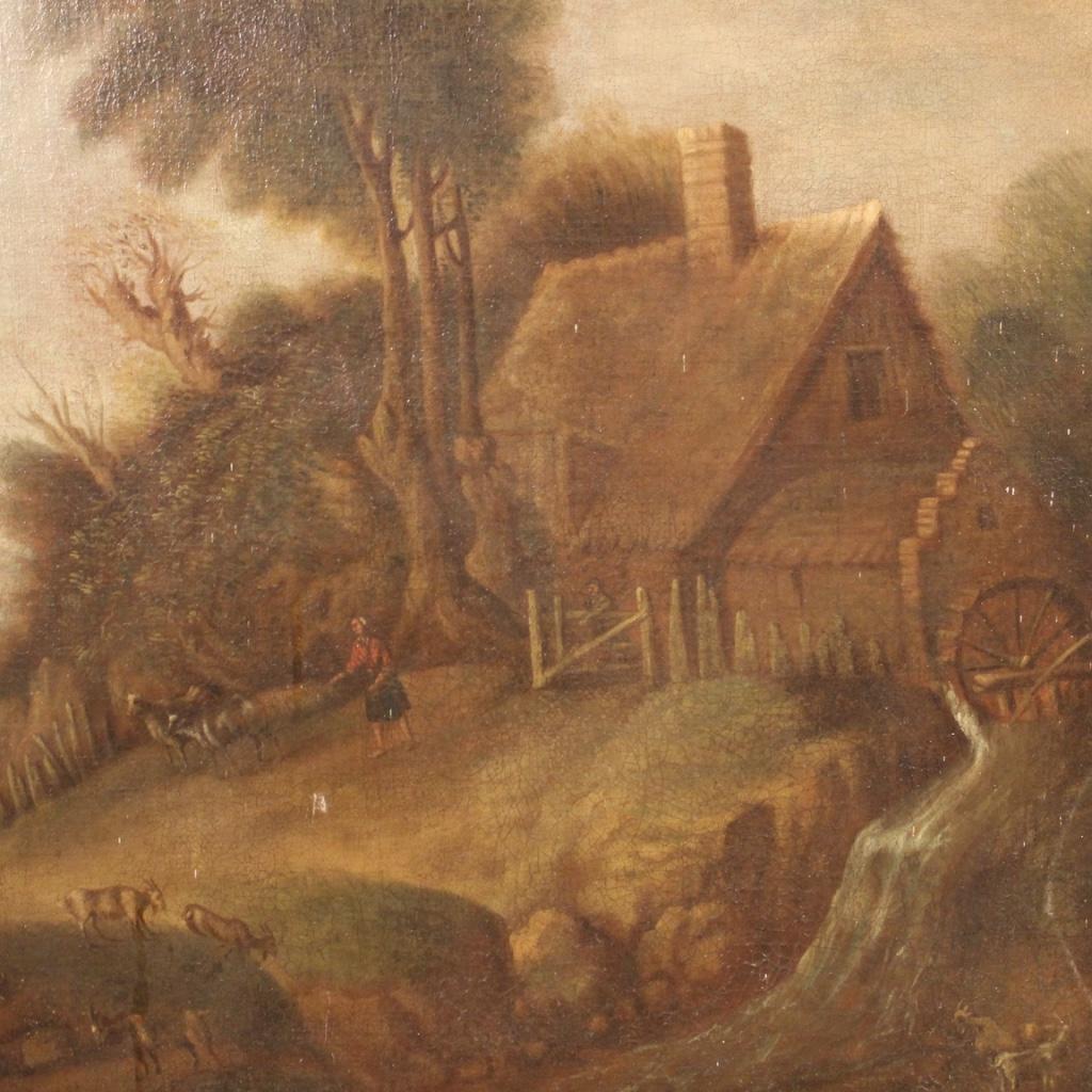 Ancient painting Flemish from the early 19th century. Opera oil on canvas depicting countryside landscape with characters and animals of good size and pleasant pictorial hand. Painting rich in elements and details, of rustic character, for