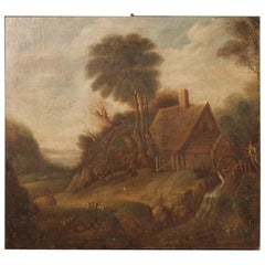 Antique Flemish Countryside Landscape Painting from the 19th Century