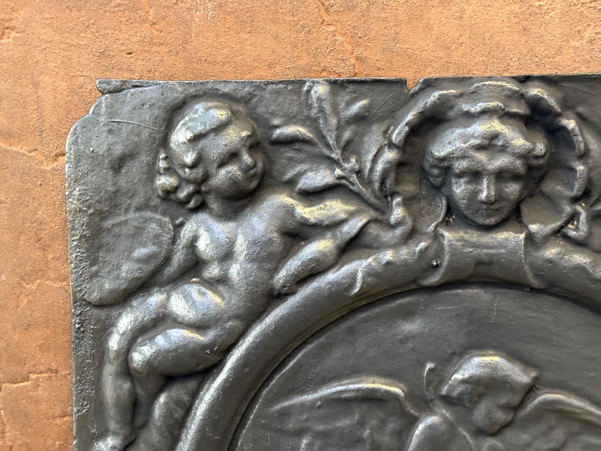 Cast Antique Flemish 'Cupids with Decoration' Fireback / Backsplash For Sale