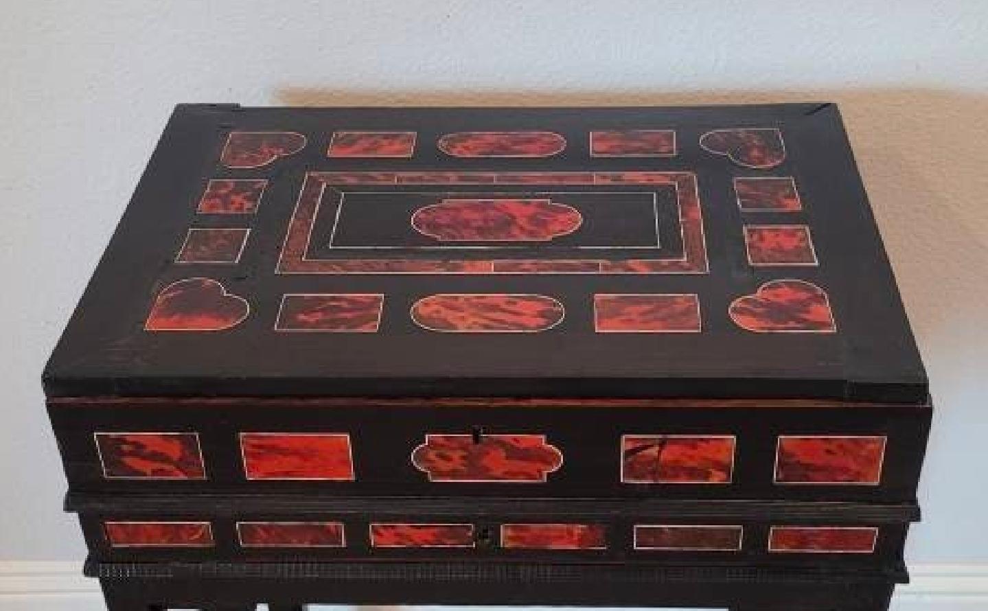 Antique Flemish Dutch Antwerp Red Tortoiseshell Box Cabinet Chest On Stand For Sale 6