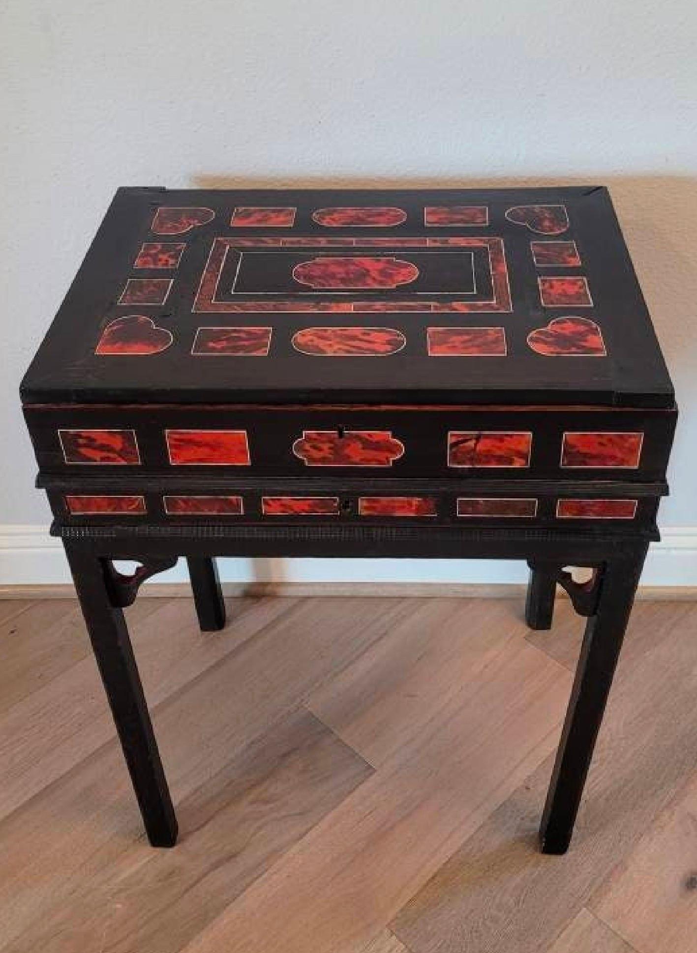 Antique Flemish Dutch Antwerp Red Tortoiseshell Box Cabinet Chest On Stand For Sale 7