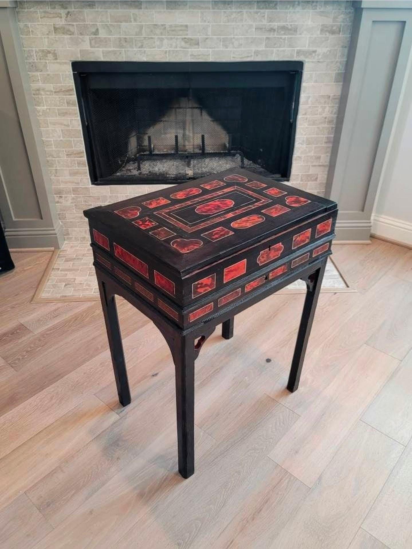 Antique Flemish Dutch Antwerp Red Tortoiseshell Box Cabinet Chest On Stand For Sale 9