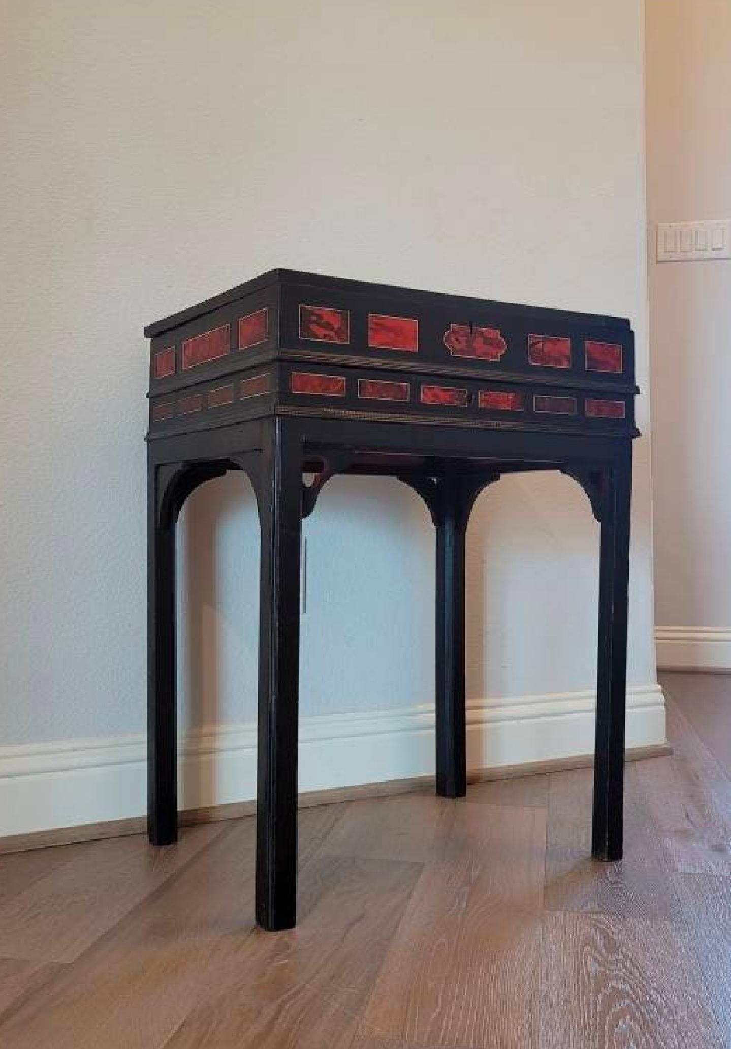 Antique Flemish Dutch Antwerp Red Tortoiseshell Box Cabinet Chest On Stand For Sale 1