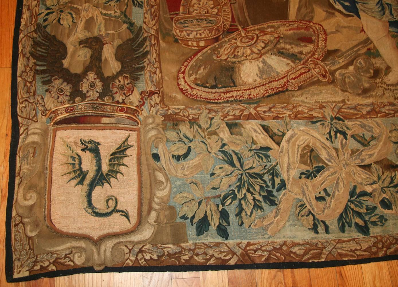 Rare and Beautiful Large Antique Flemish Heraldic Tapestry, Country of Origin: Belgium, Circa Date: 17th century. Size: 11 ft 10 in x 13 ft 3 in (3.61 m x 4.04 m)

Here we see a grand, fine, magnificent and important heraldic wall tapestry of