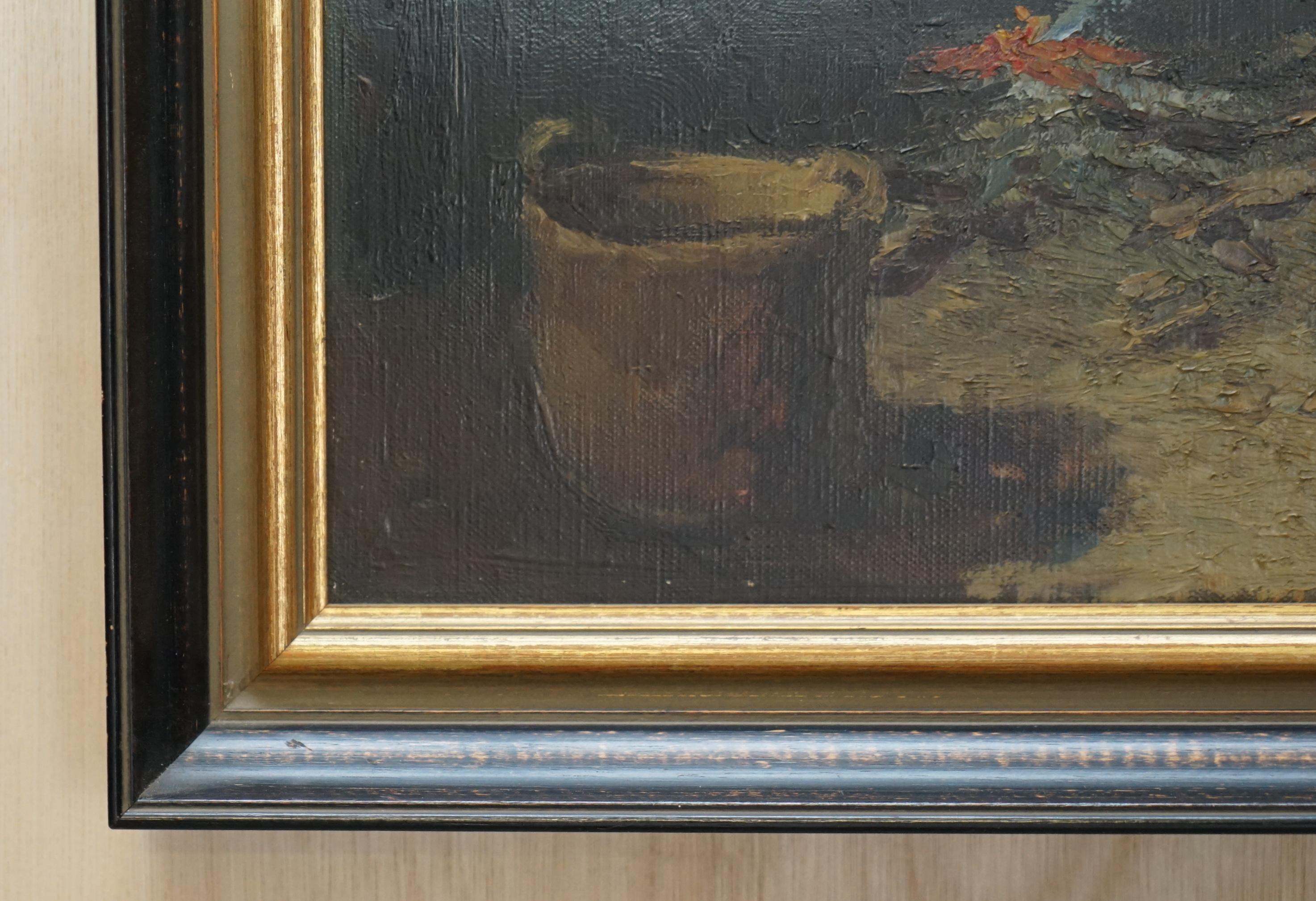 Danish Antique Flemish Oil Painting Museum Exhibited in Au Petit Musee Signed Demoen For Sale