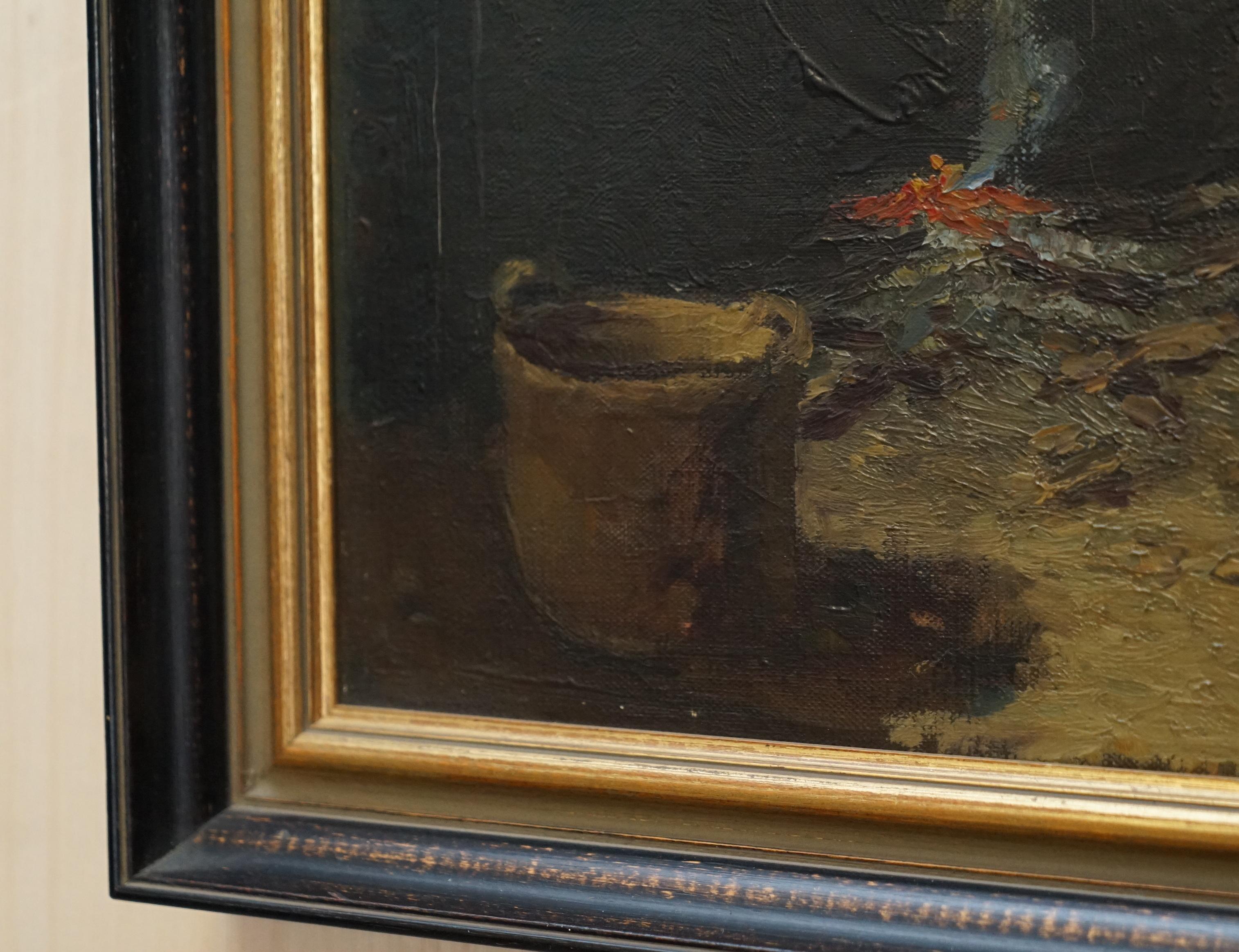 Hand-Painted Antique Flemish Oil Painting Museum Exhibited in Au Petit Musee Signed Demoen For Sale