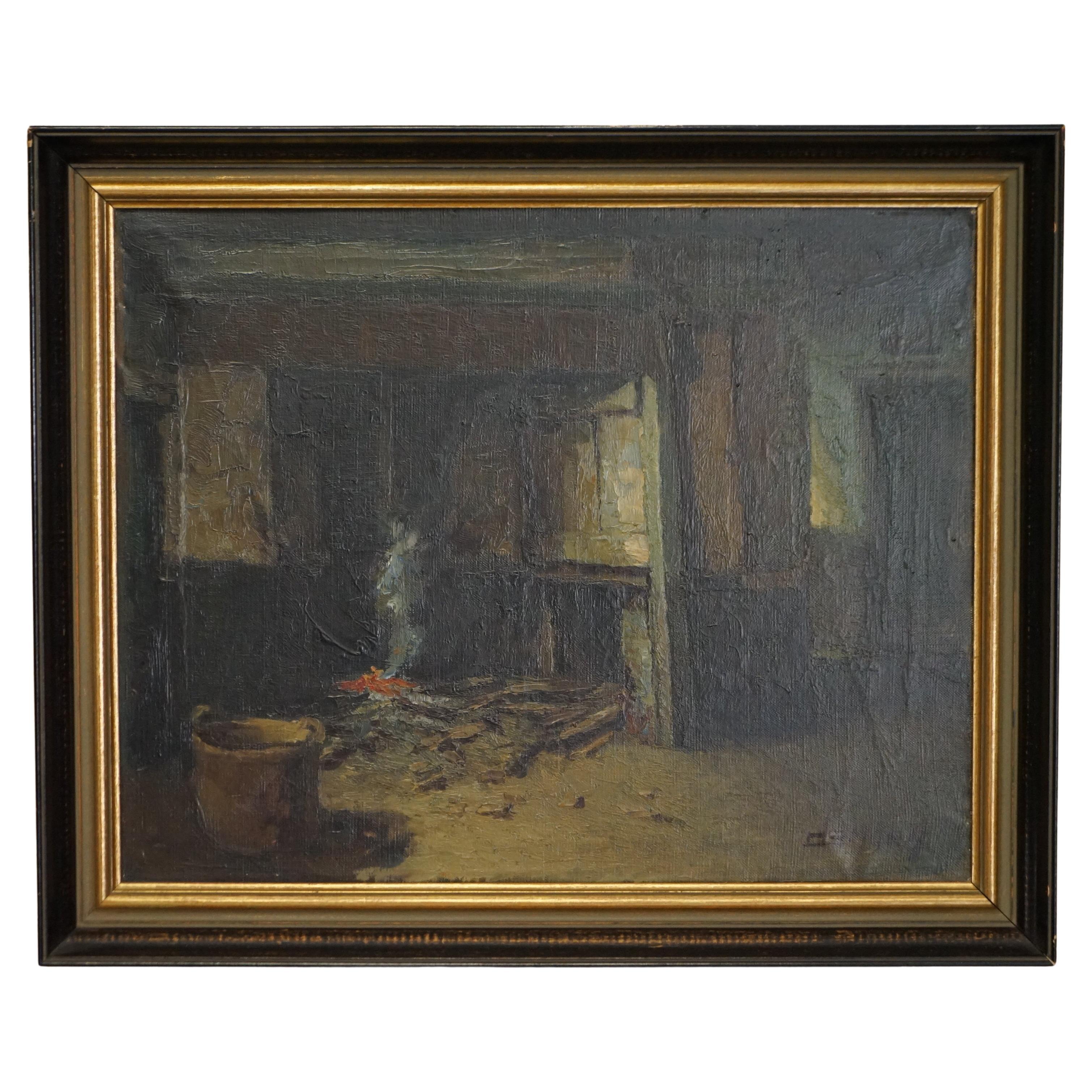 Ancienne peinture à l'huile flamande exposée dans un musée au petit musée, signée Demoen