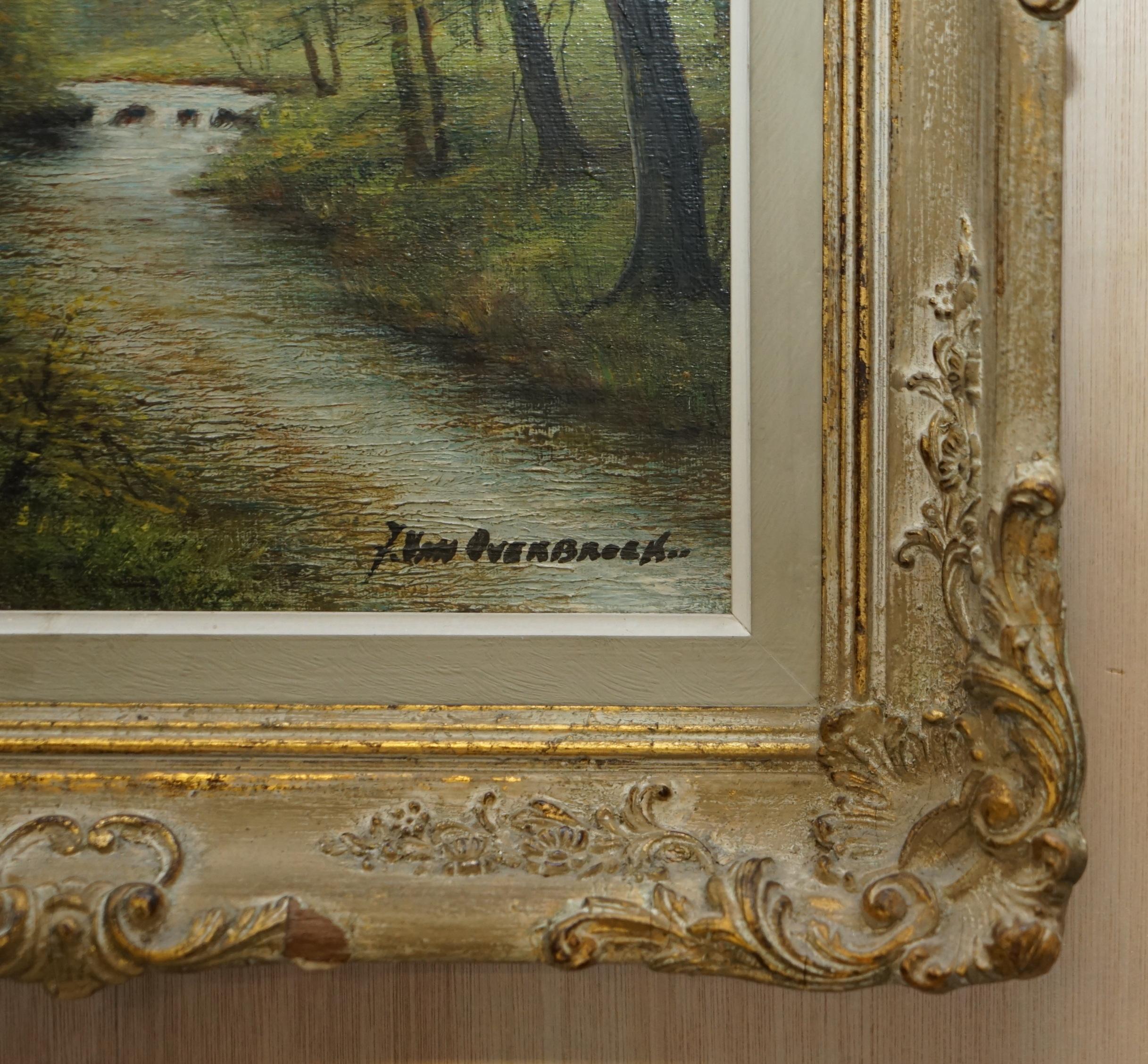 Hand-Painted Antique Flemish Oil Painting Signed Van Overbroek circa 1880 Lovely Rural Scene For Sale