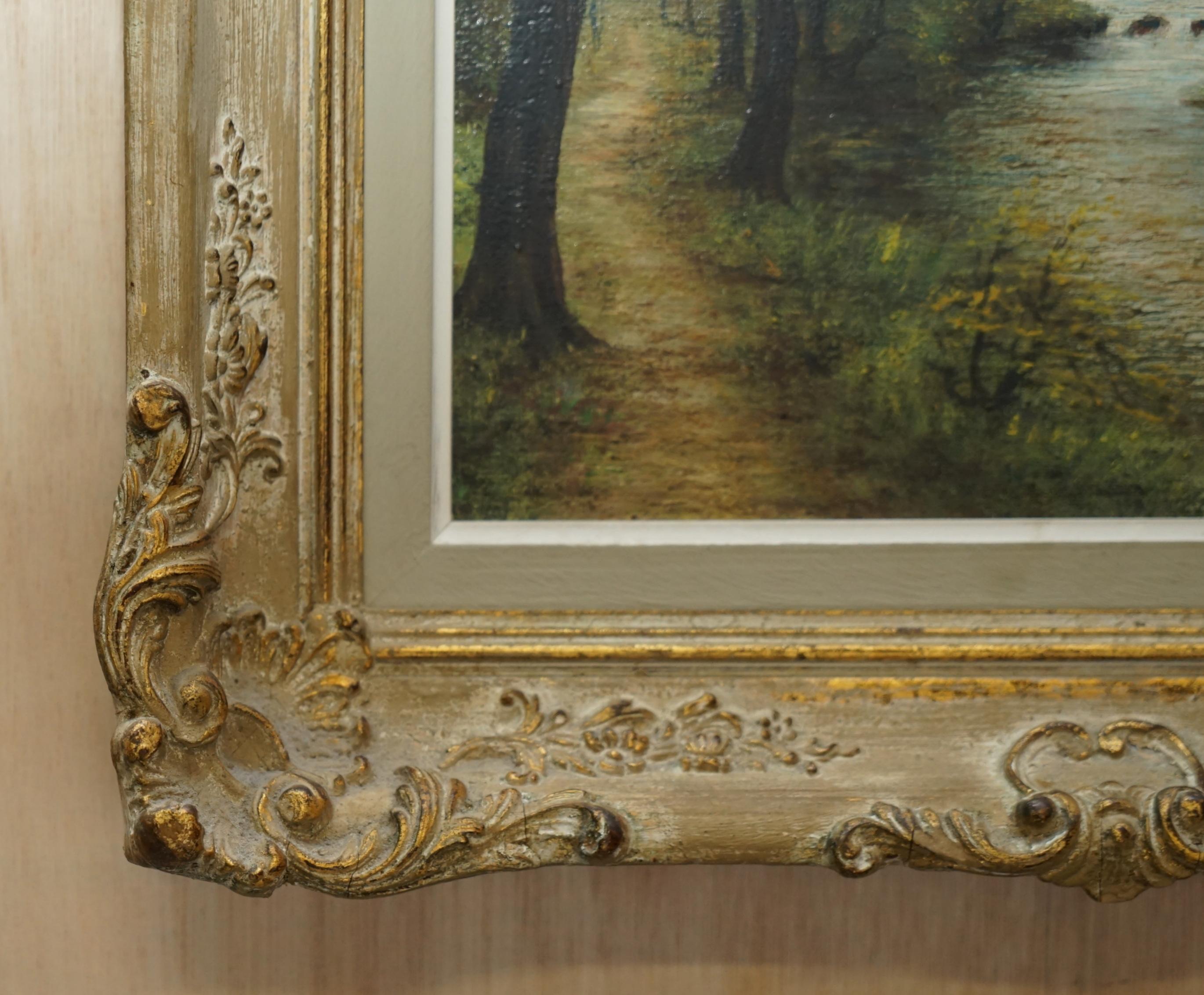 Canvas Antique Flemish Oil Painting Signed Van Overbroek circa 1880 Lovely Rural Scene For Sale