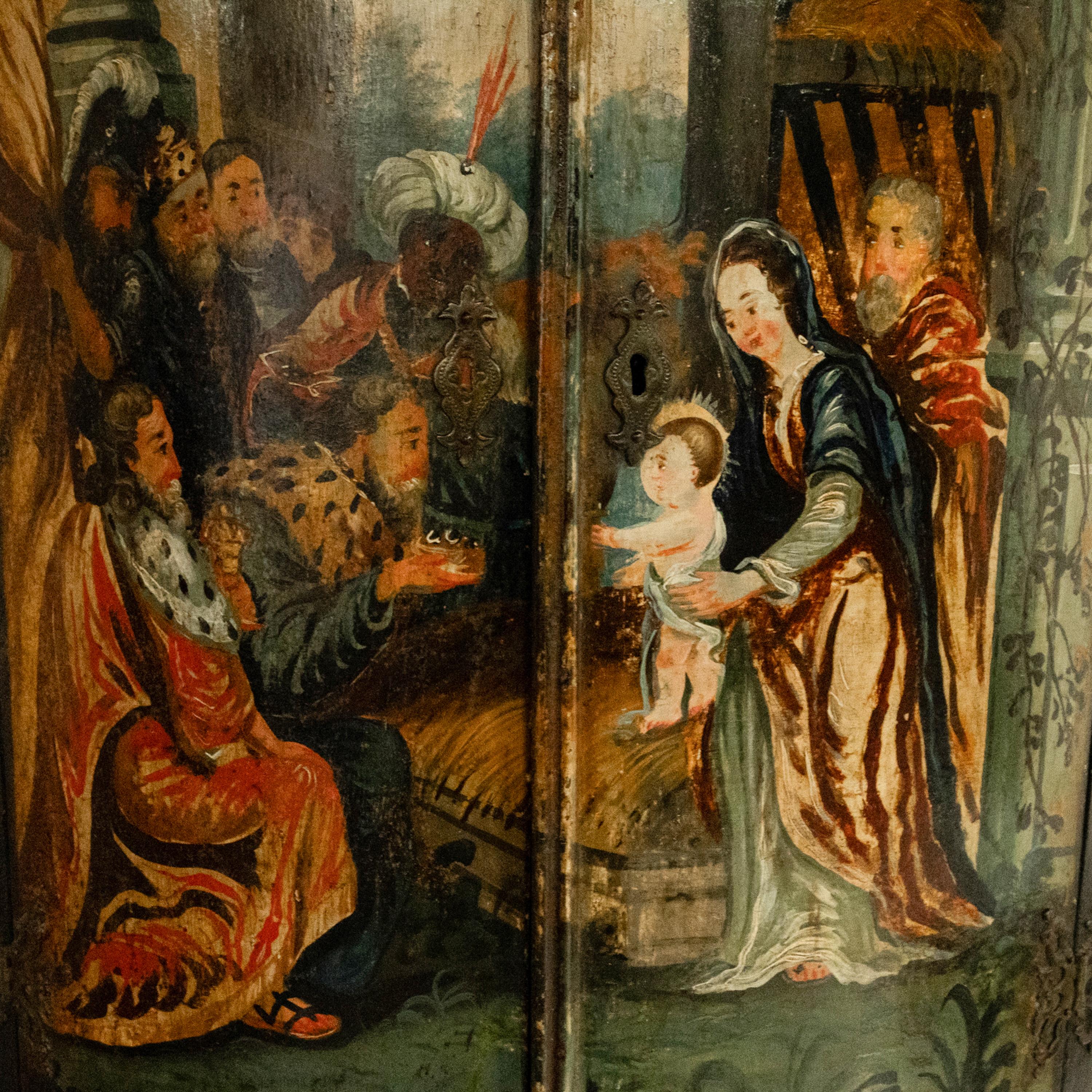 Antique Flemish Painted Polychrome Corner Cabinet Christ Nativity Magi 1760 For Sale 3