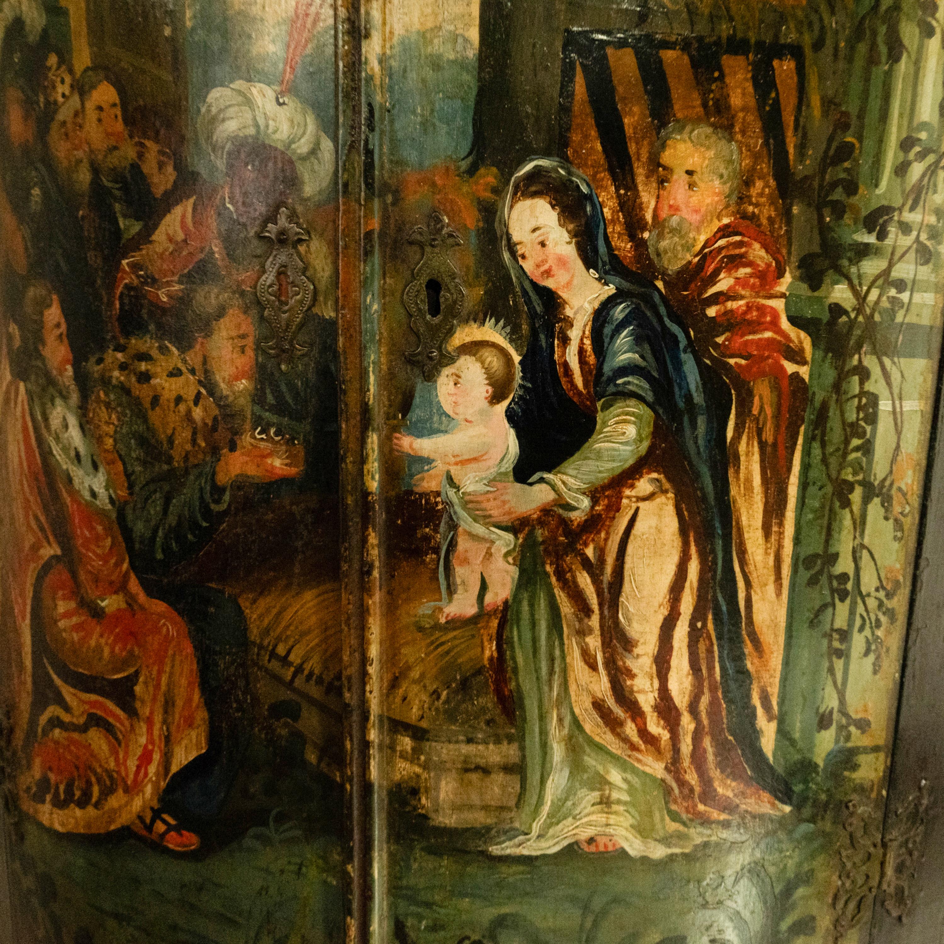 Antique Flemish Painted Polychrome Corner Cabinet Christ Nativity Magi 1760 For Sale 4