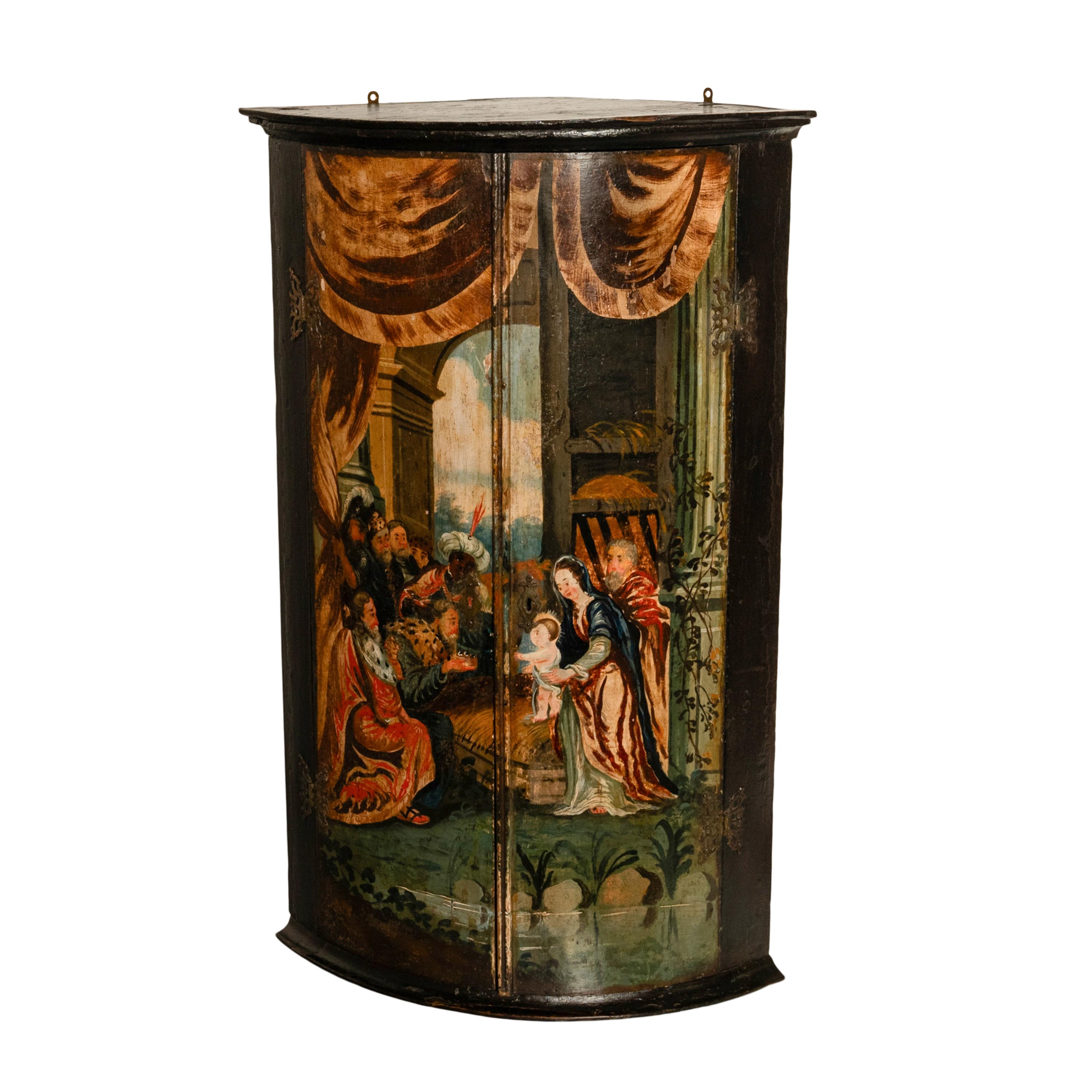 Baroque Antique Flemish Painted Polychrome Corner Cabinet Christ Nativity Magi 1760 For Sale