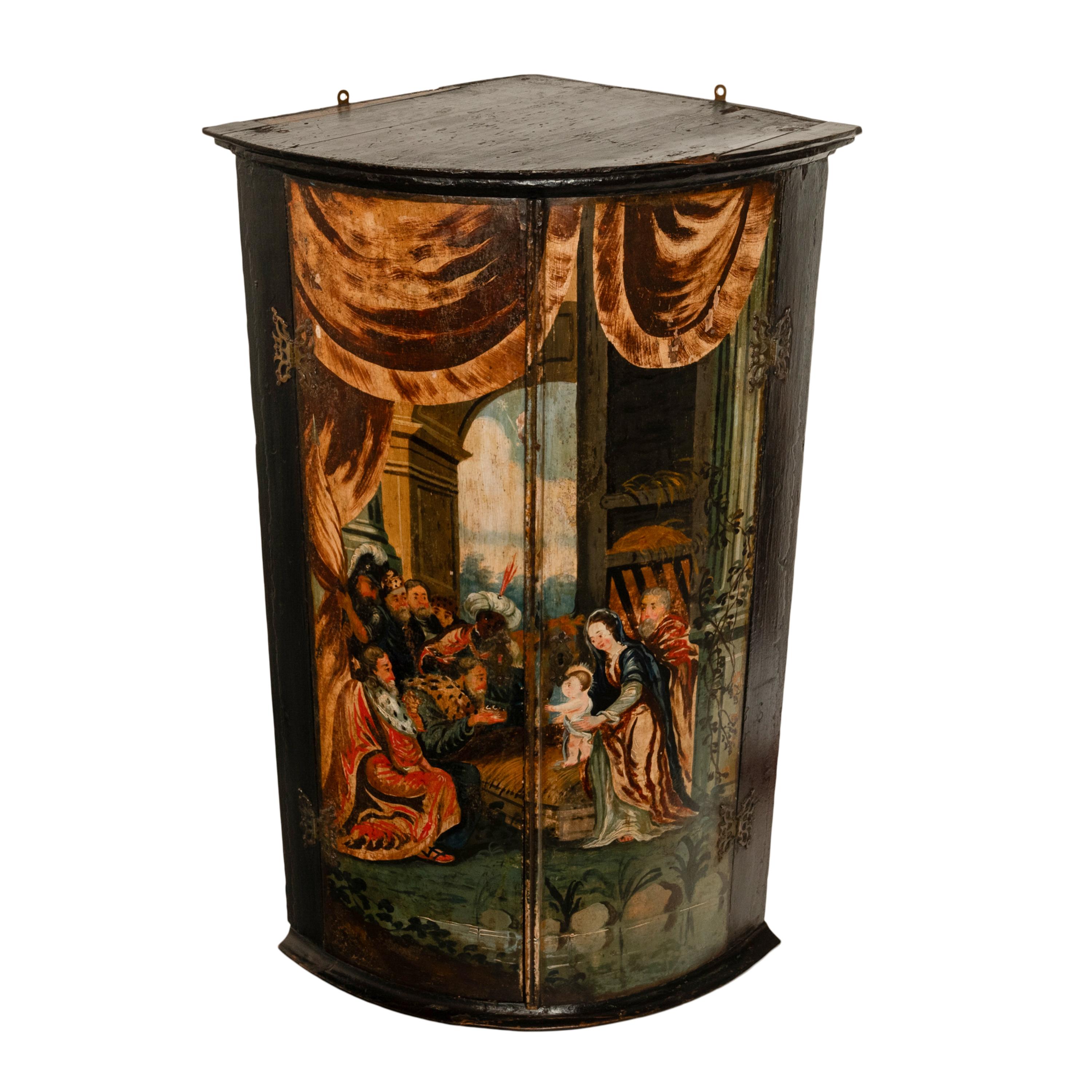Dutch Antique Flemish Painted Polychrome Corner Cabinet Christ Nativity Magi 1760 For Sale